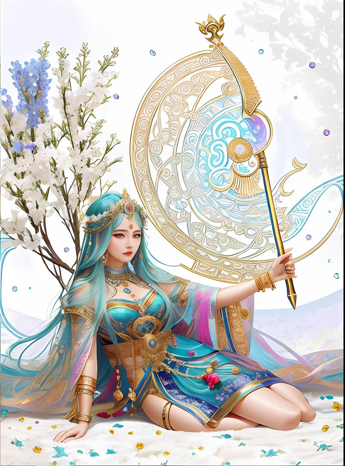 There was a fair lady with a long sword,Fair smooth skin,flowers in full bloom,It is beautiful and delicate, Gold ornaments,Turquoise decoration,Various gemstones,No clothes,beautiful flowers,Goddess. Extremely high detail, extremely detailed goddess shot, Extremely detailed flower goddess,Blue sky,The background of the character has a light rainbow aperture, hyper HD,psychedelic goddess, goddess art, Beautiful digital artwork, Beautiful goddess,tmasterpiece,4K,Realiy,photorealestic,professional photoshooting,超高分辨率,