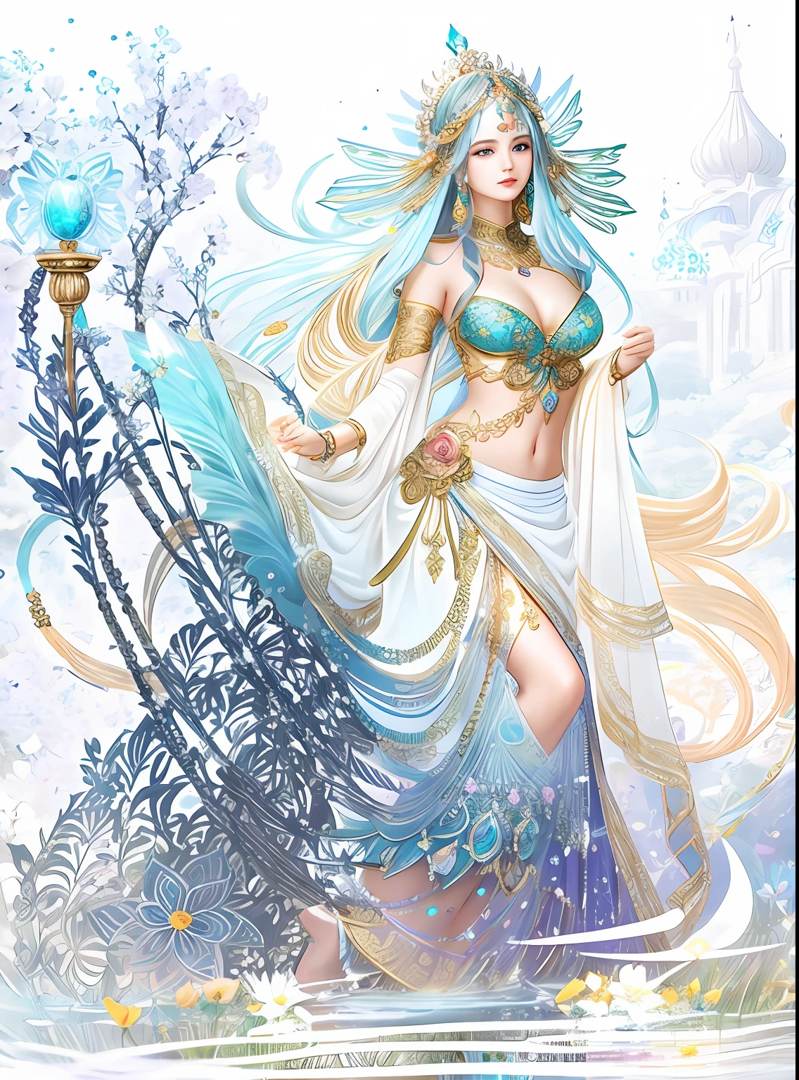 There was a fair lady with a long sword,Fair smooth skin，flowers in full bloom，It is beautiful and delicate, Gold ornaments，Turquoise decoration，Various gemstones，No clothes，beautiful  flowers，Goddess. Extremely high detail, extremely detailed goddess shot, Extremely detailed flower goddess,Blue sky，The background of the character has a light rainbow aperture， hyper HD，psychedelic goddess, goddess art, Beautiful digital artwork, Beautiful goddess，tmasterpiece，4K，Realiy，photorealestic，professional photoshooting，超高分辨率，
