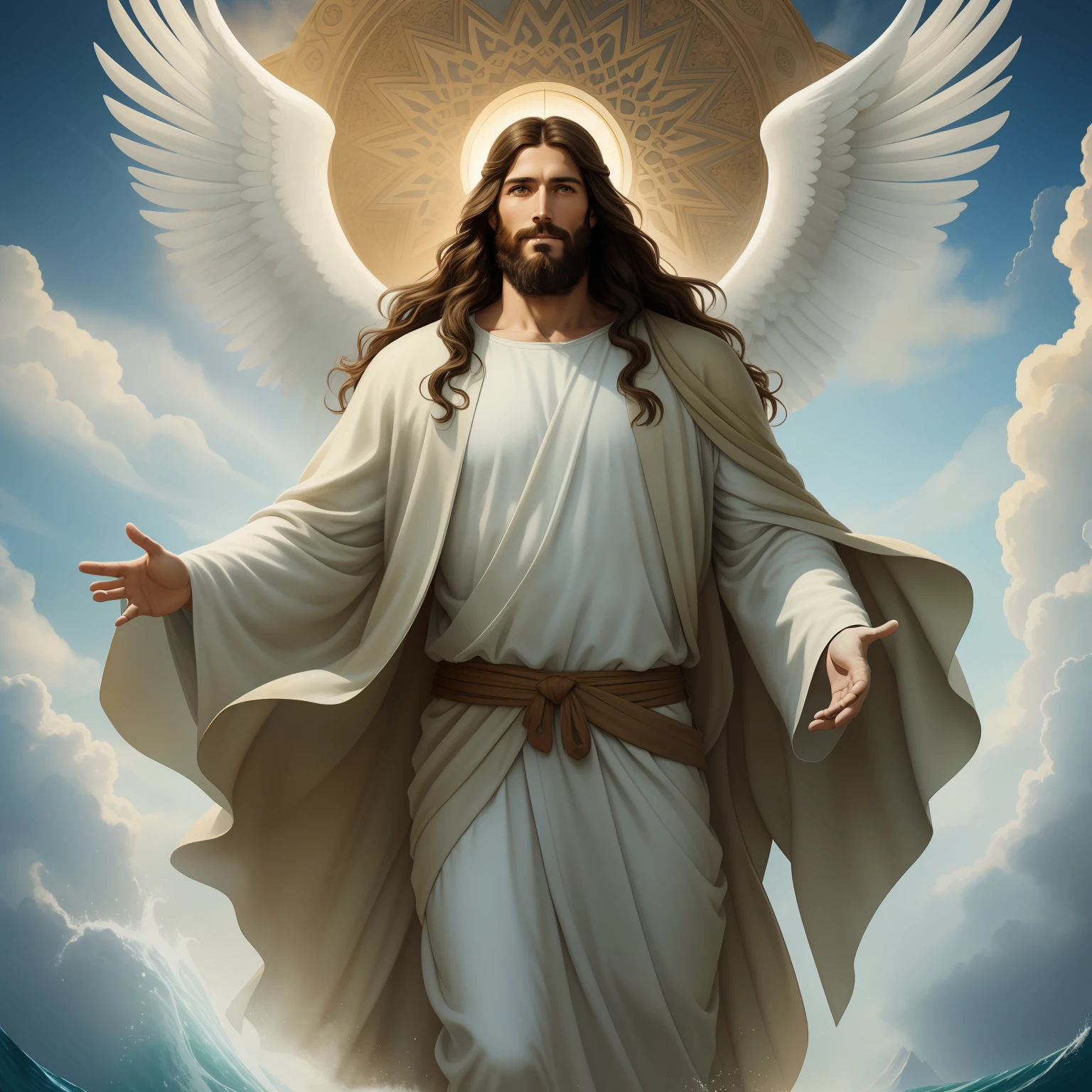 A handsome god Jesus christ ( jesus) blessing to the sky 35 years old with a long brown hair and long beard, heaven blessings light with a cross background) happy face, realistic 8k,A beautiful ultra-thin realistic portrait of Jesus, the prophet, a man 35 years old Hebrew brunette, short brown hair, real perfect eyes, long brown beard, with, Helping People , wearing long linen tunic closed on the chest part, in front view, full body, biblical, realistic,by Diego Velázquez,Peter Paul Rubens,Rembrandt,Alex Ross,8k, Concept Art, PhotoRealistic, Realistic, Illustration, Oil Painting, Surrealism, HyperRealistic, helping people , Digital art, style, watercolorReal Jesus flying on sky with a flying cloud in the background, Jesus walking on water, biblical illustration, epic biblical representation, forcing him to flee, coming out of the ocean, ! holding in hand!, disembarking, god of the ocean, beautiful representation, 8k 3D Model, realistic,
a 3D Realistic of jesus with a halo in the sky, jesus christ, smiling in heaven, portrait of jesus christ, jesus face, 35 young almighty god, portrait of a heavenly god, greg olsen, gigachad jesus, jesus of nazareth, jesus, the face of god, god looking at me, he is greeting you warmly, he is happy, avatar image