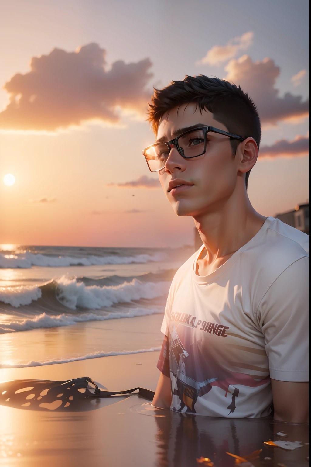 Change the background into sunset, 15 year old boy realistic 3D