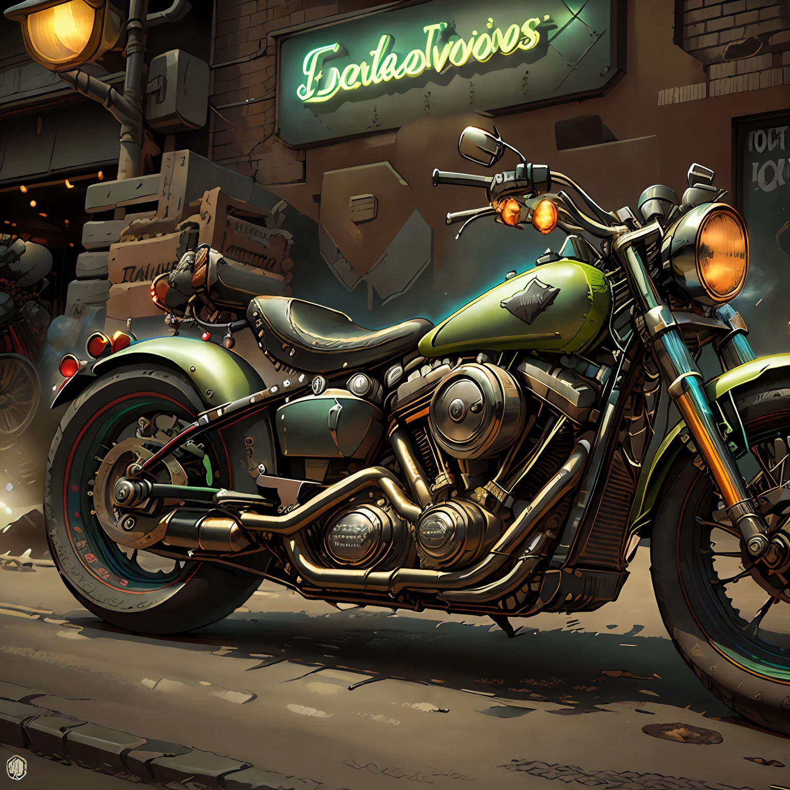 Harley-Davidson Electra Deslizar,(total view) ,Mad Max CogPunkAI ,Cores 64 k, (neon lime green),4D ,rota 66