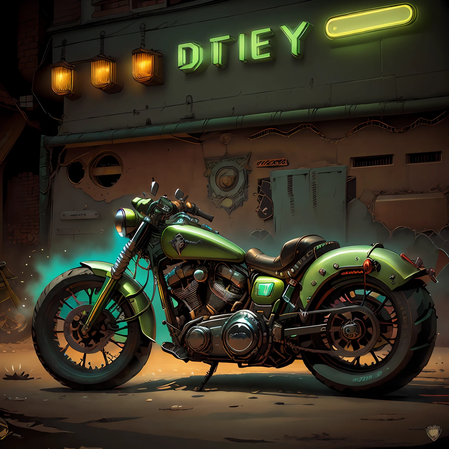 Harley-Davidson Electra Deslizar,(total view) ,Mad Max CogPunkAI ,Cores 64 k, (neon lime green),4D ,rota 66