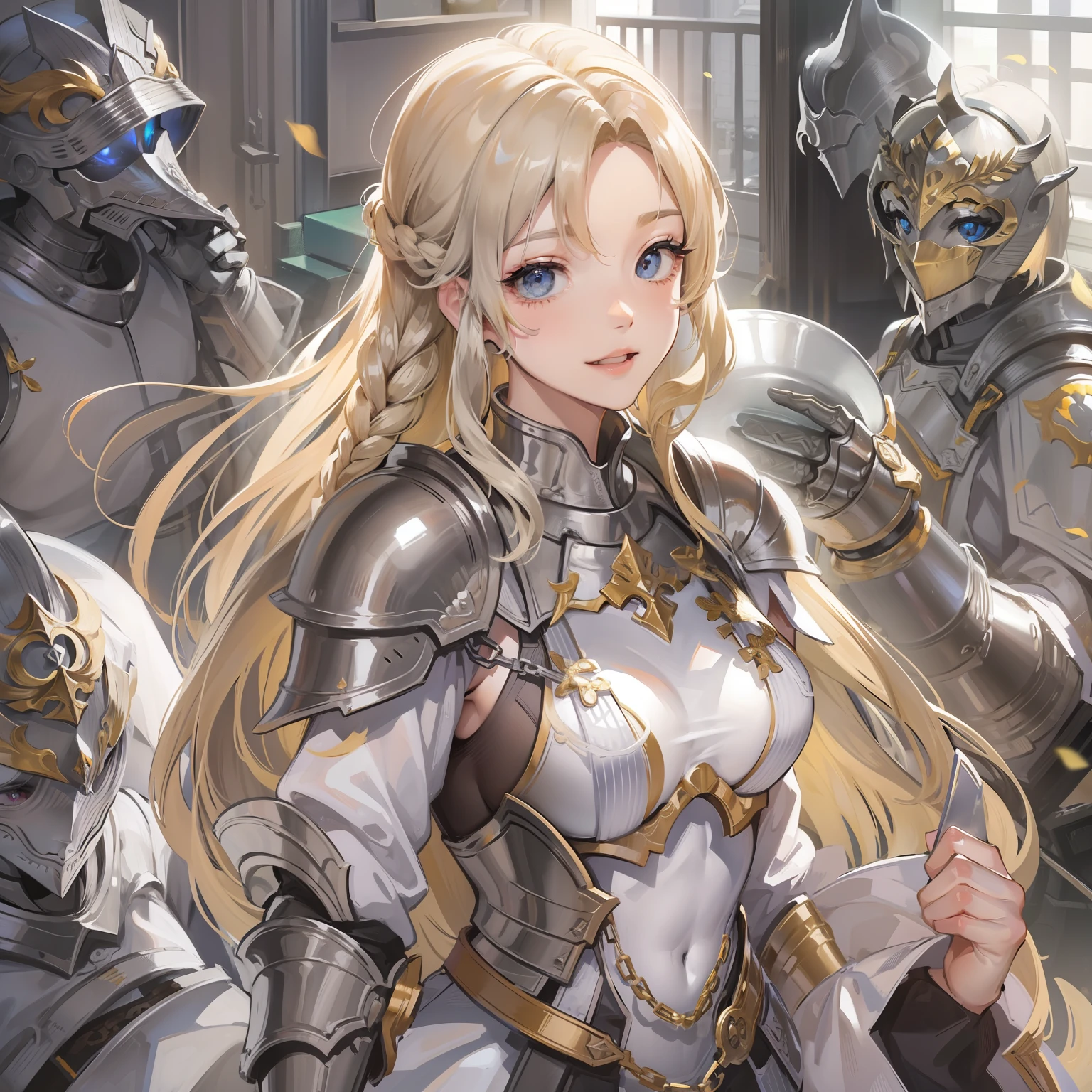 Cultivated woman、Golden hair、Braided undertwin tail、in her 20s、Monastic uniforms、Silver Plate Armor、Silver Gauntlet、Innocence、Innocent smile、slender