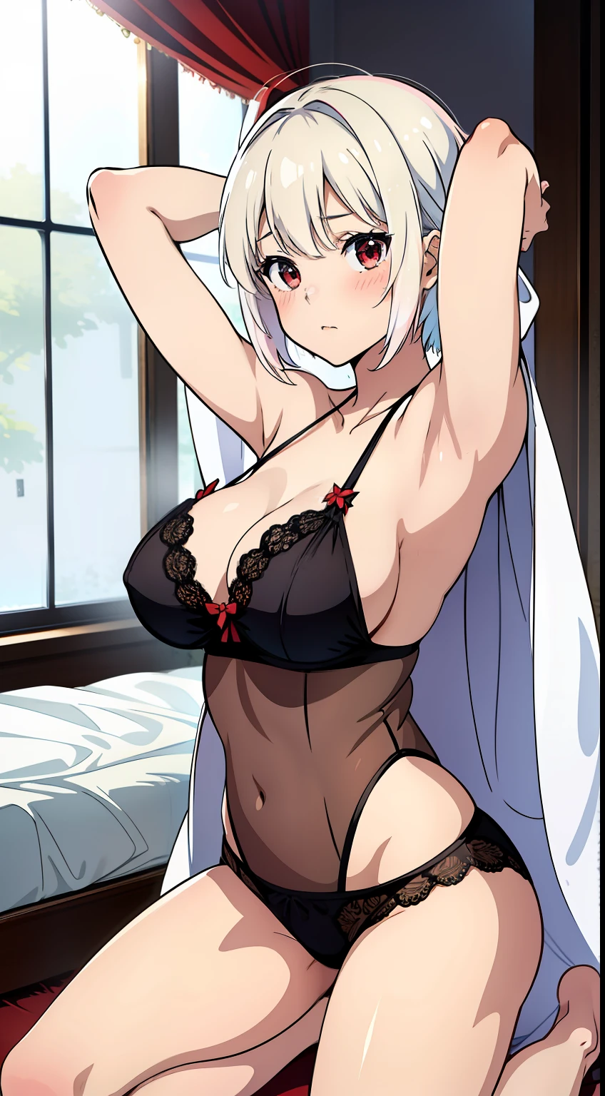 ​masterpiece,hight resolution、1 girl in、18year old、（very detailed face and eyes:1)、(kawaii:1.4)、Light Effects、Colossal tits、小柄、Short-cut snow white hair、Red Eyes、In a dark room、Anime filling、Frontal view、Red bed、Kneeling、Embarrassed look、bath robe、Black lace panties、Show the armpits