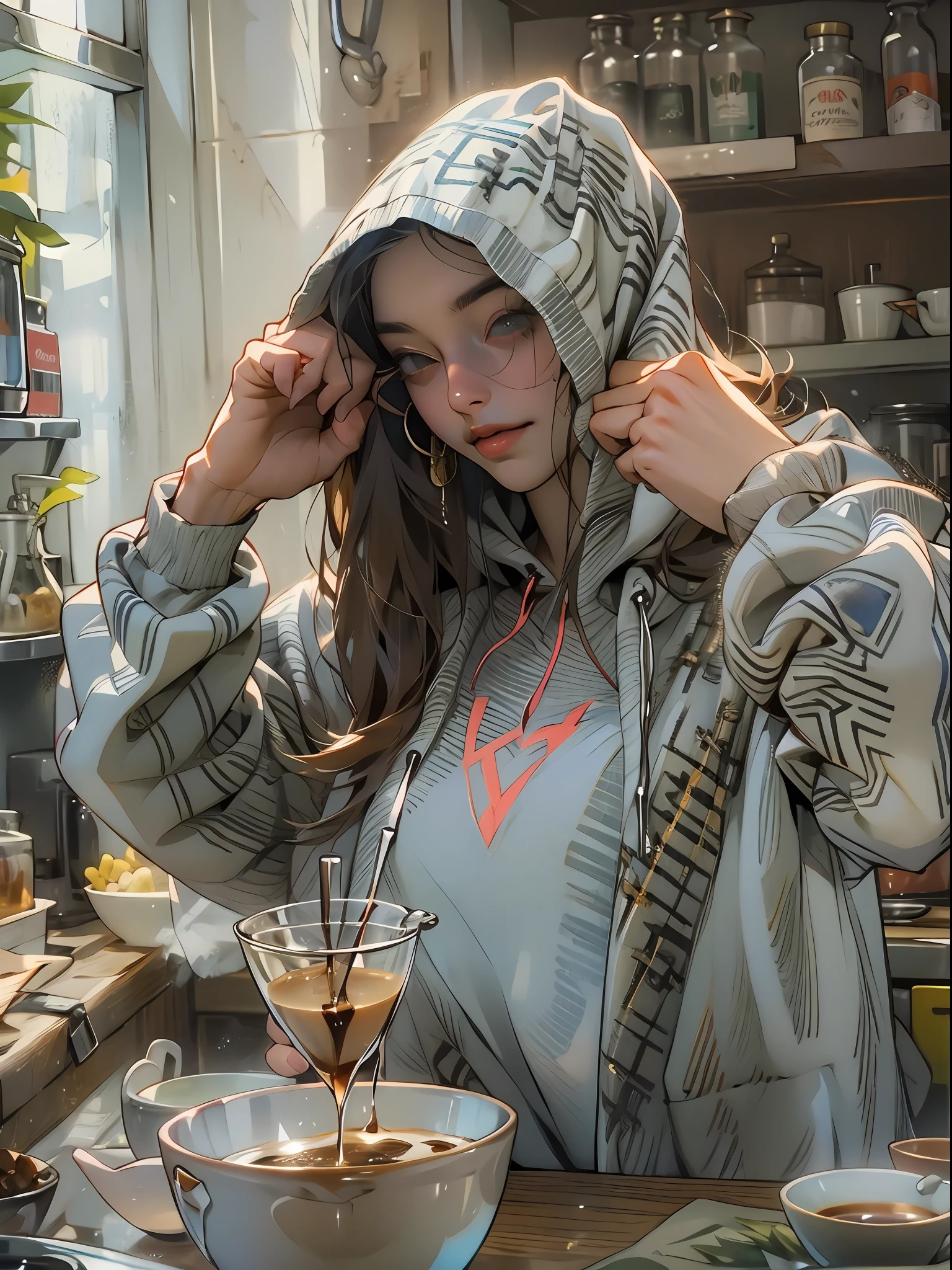 Naked hoodie, nijistyle, duas garotas, uma garota com uma blusa de moleton aberta mostrando os seios grandes e empinados, preparing coffee for your girlfriend, outra de calcinha e blusa curta, sorriso malicioso, cena sexy, lesbian, naked hoodie, nijistyle, (( melhor qualidade )), (( obra-prima))