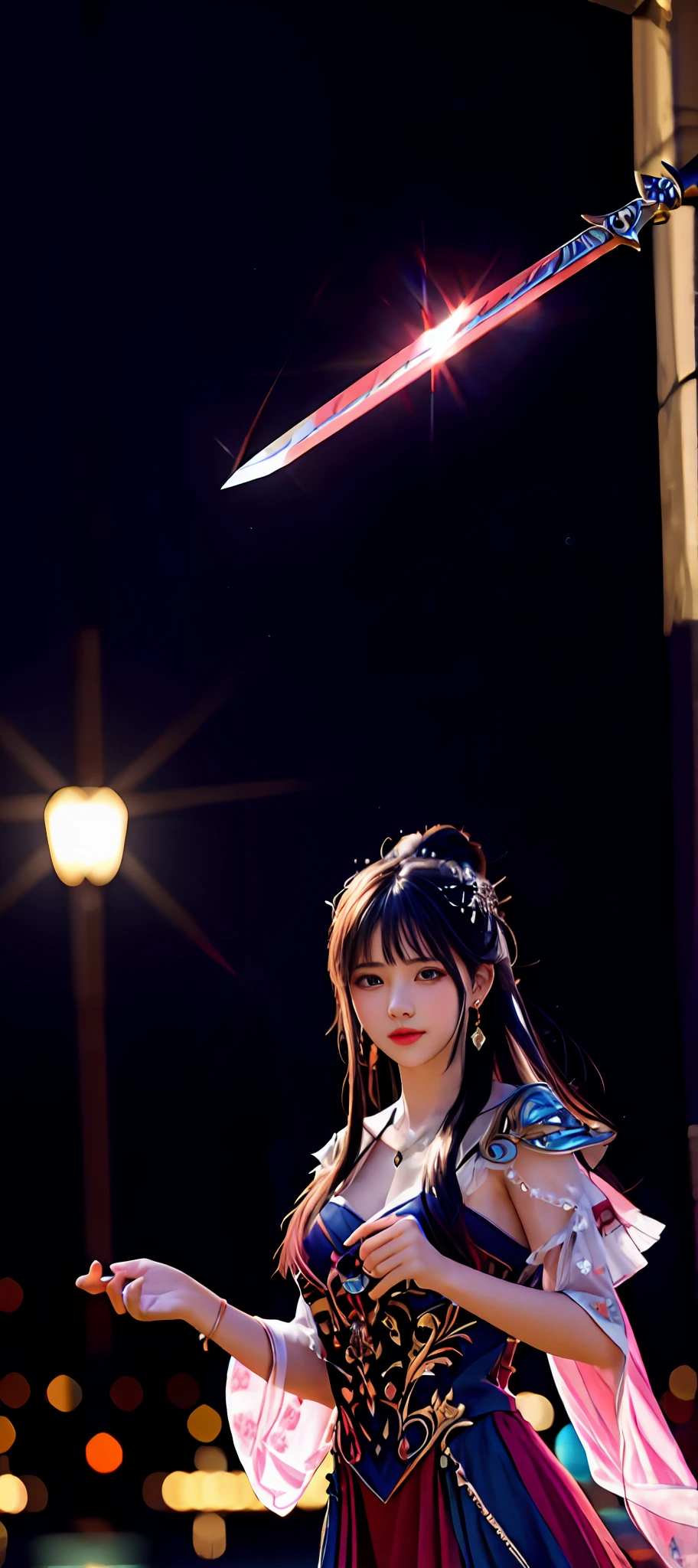 realisticity: 1.2), best quality, masterpiece, highres, super detail, ultra detail, cg, 1girl, weapon, sword, long hair, dress, water, solo, jewelry, red dress, earrings, hair ornament, splashing, upper body super realistis, hair bun, blue and pink hair, city backgraun realistis, lighting,candid, Photograph, high resolution, 8k, 10k, Bokeh,