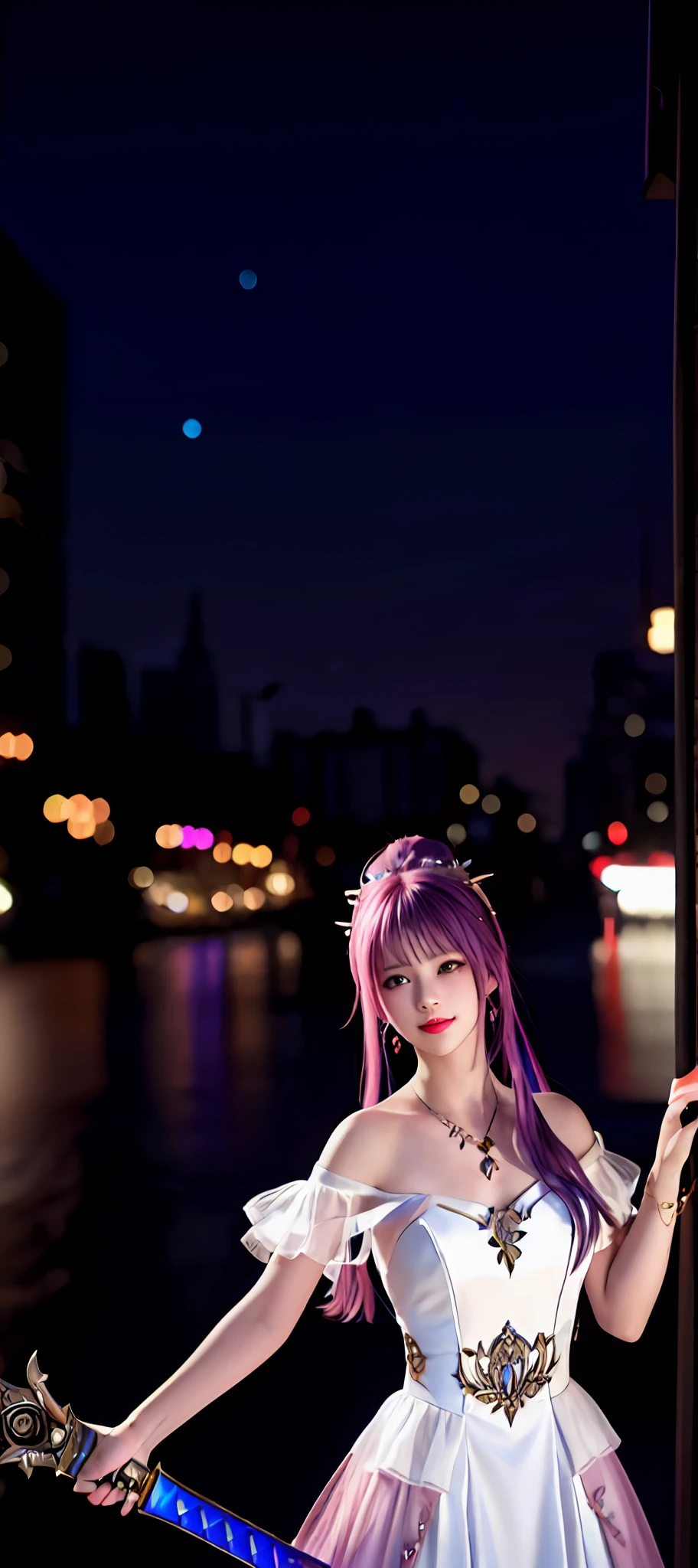 realisticity: 1.2), best quality, masterpiece, highres, super detail, ultra detail, cg, 1girl, weapon, sword, long hair, dress, water, solo, jewelry, red dress, earrings, hair ornament, splashing, upper body super realistis, hair bun, blue and pink hair, city backgraun realistis, lighting,candid, Photograph, high resolution, 8k, 10k, Bokeh,