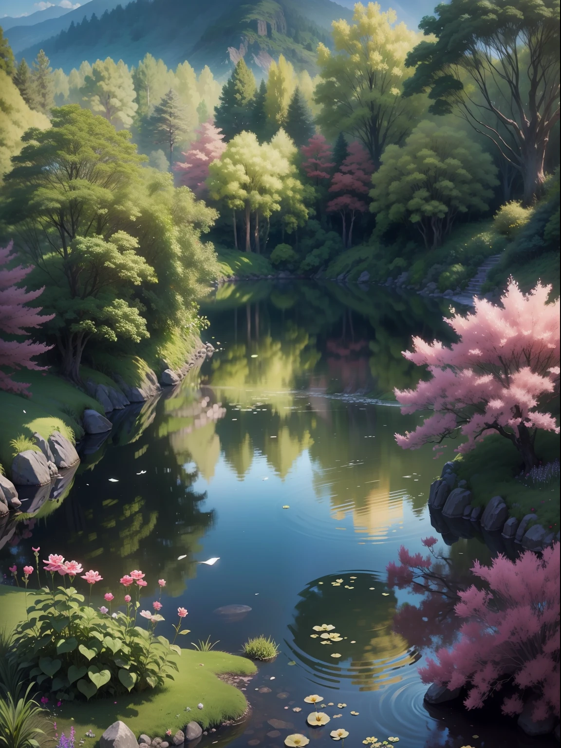 Eden's garden in heaven, hermoso paisaje, Magestic, ethereal, dorado, trees, lago, Arbustos, flores