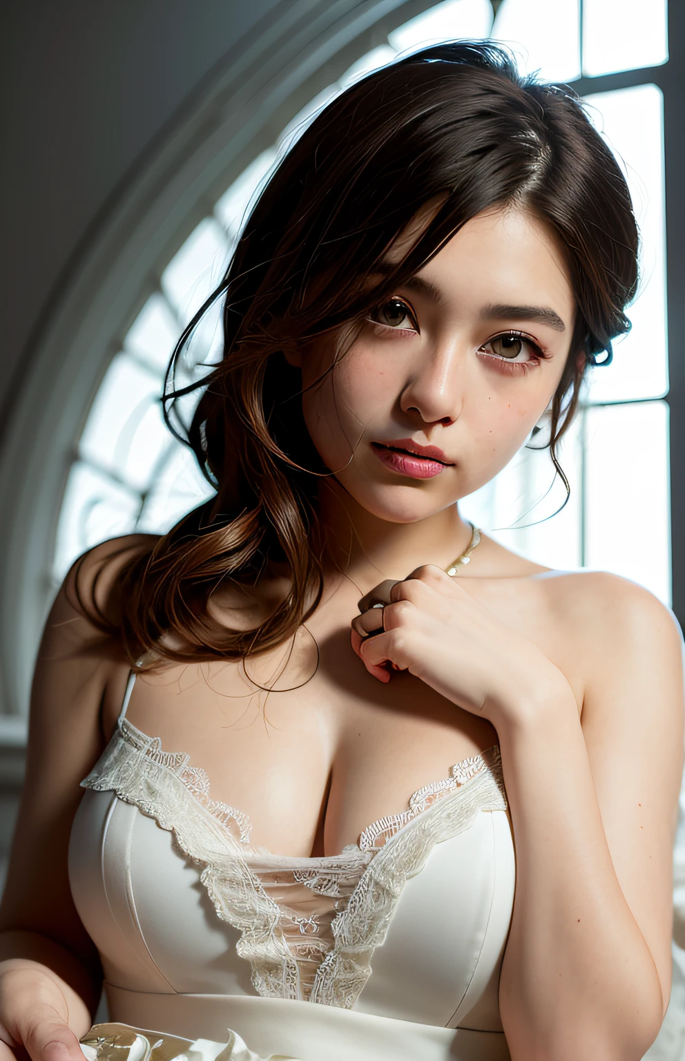 offcial art,Nikon Z 85mm、Unity 8k壁纸,ultra - detailed,shoulder、Brown hair、aesthetically pleasing,Beautie,tmasterpiece,best qualtiy,(Ultra-realistic skin texture),Full body photo, downy, Atmospheric acid salts, Warm, romanticism lain, Blissful, literary, Artistically, Fashionab, decoration, Convoluted, Ironwork, White Lace Chemise,weddingdress,Light thread, Contemplative, emotive depth, Supernatural,ssmile,Bigchest