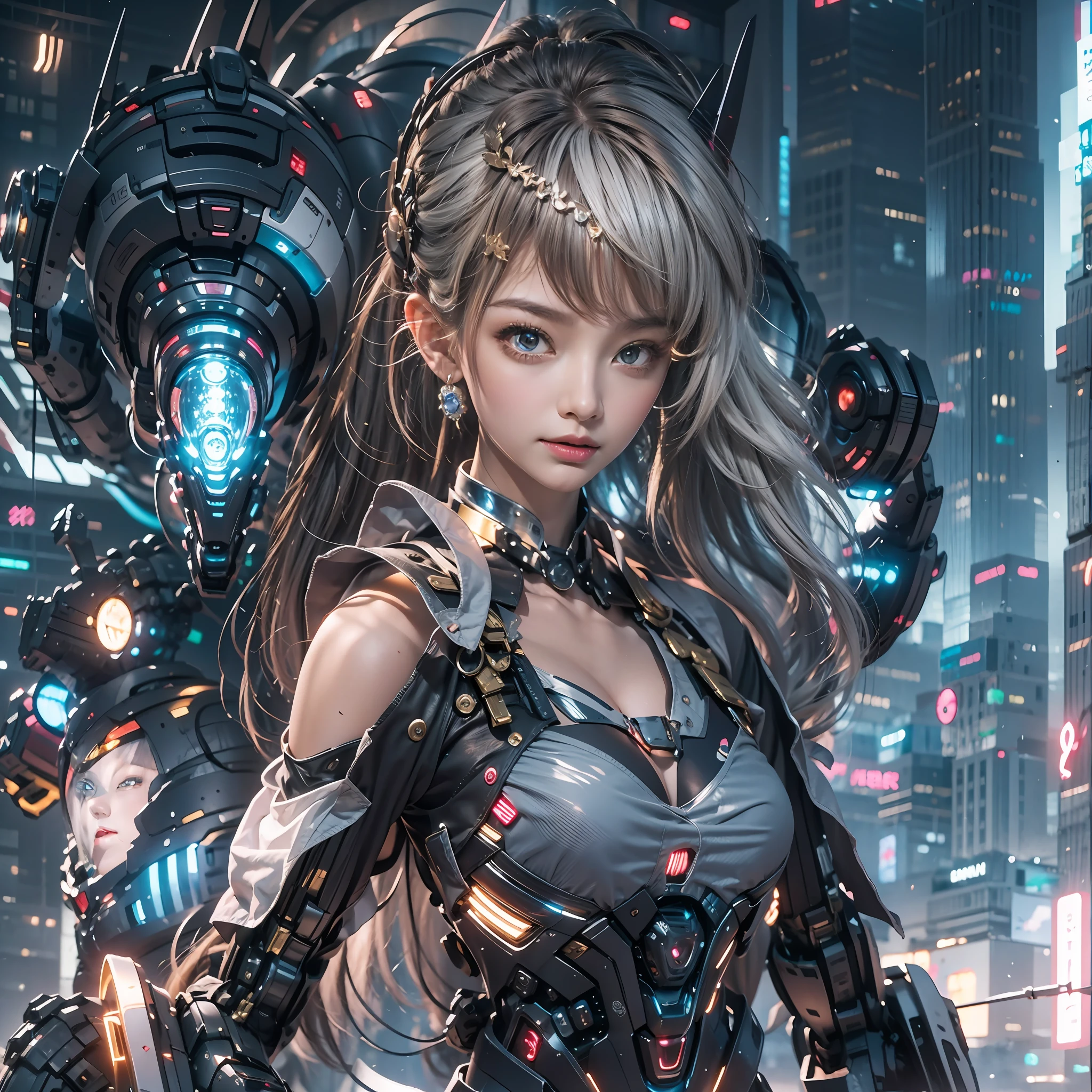 （（tmasterpiece，best qualtiy）），illustration，Ultra-detailed 8K，Clear focus，A highly detailed，Professional lighting，Colorful detailed，A girl and a mech，Beautuful Women，lottalewdsLargeMecha，cranny，with light glowing，with light glowing，Complicated details，（（1girl stands in front of the audience）），closeup cleavage，The upper part of the body