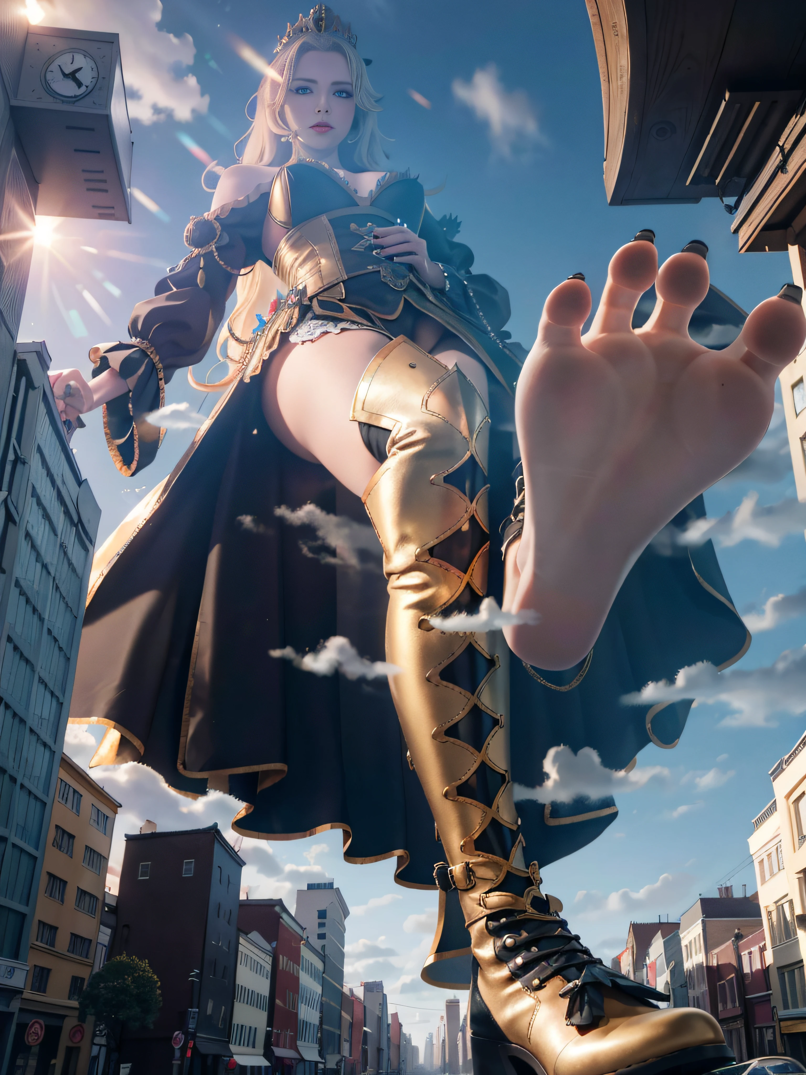 a mature female,Queen temperament,tmasterpiece,best qualityer,Hyper-detailing,Fine and detailed eyes and detailed face, garments:Wear cloth,Wearing black stockings, allure:Tall and tall,The blonde,Tall,haughty、Cold,big assa(Thick thighs:1.4),Scenes:城市,As tall as a building,disrupt,People scattered and fled,lift the foot,Expose the soles of your feet,Perfect feet