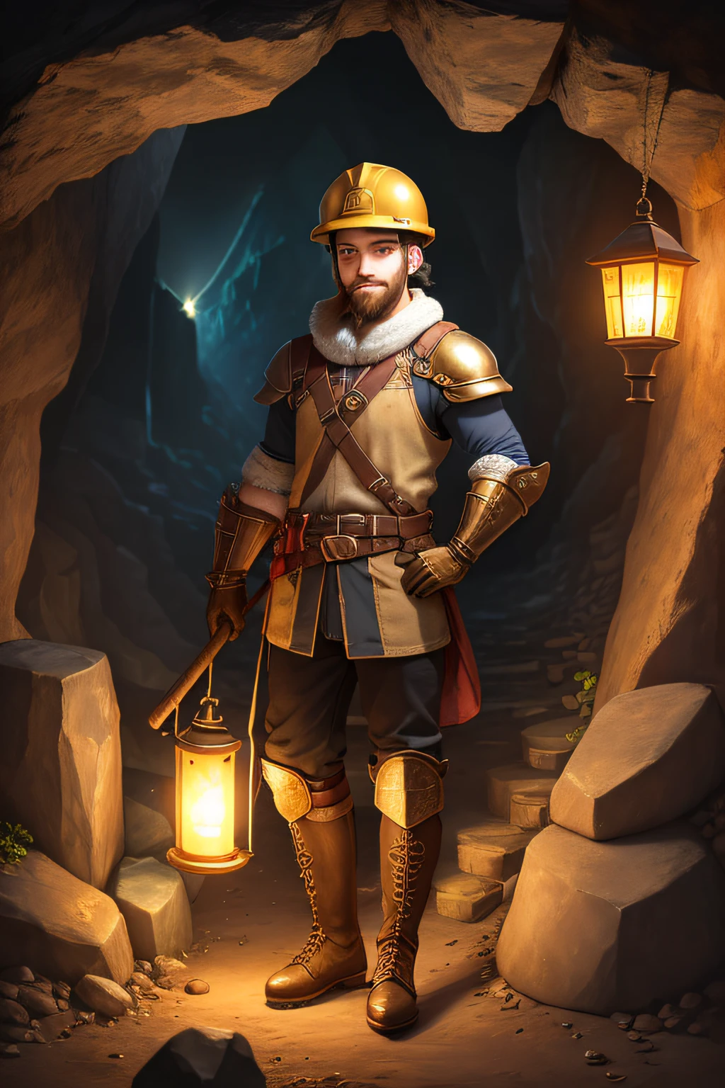 1boy, solo, looking_at_viewer, smile, short, muscular, beard, axe, pickaxe, helmet, armor, gloves, boots, cave, rocks, torch, lantern, gems, gold, treasure, mine, mining, (axe:1.2), (pickaxe:1.1), (helmet:1.1), (armor:1.1), (gloves:1.1), (boots:1.1), (cave:1.1), (rocks:1.1), (torch: 1.1), (lantern:1.1), (gems:1.1), (gold:1.1), (treasure:1.1), (mining:1.5)