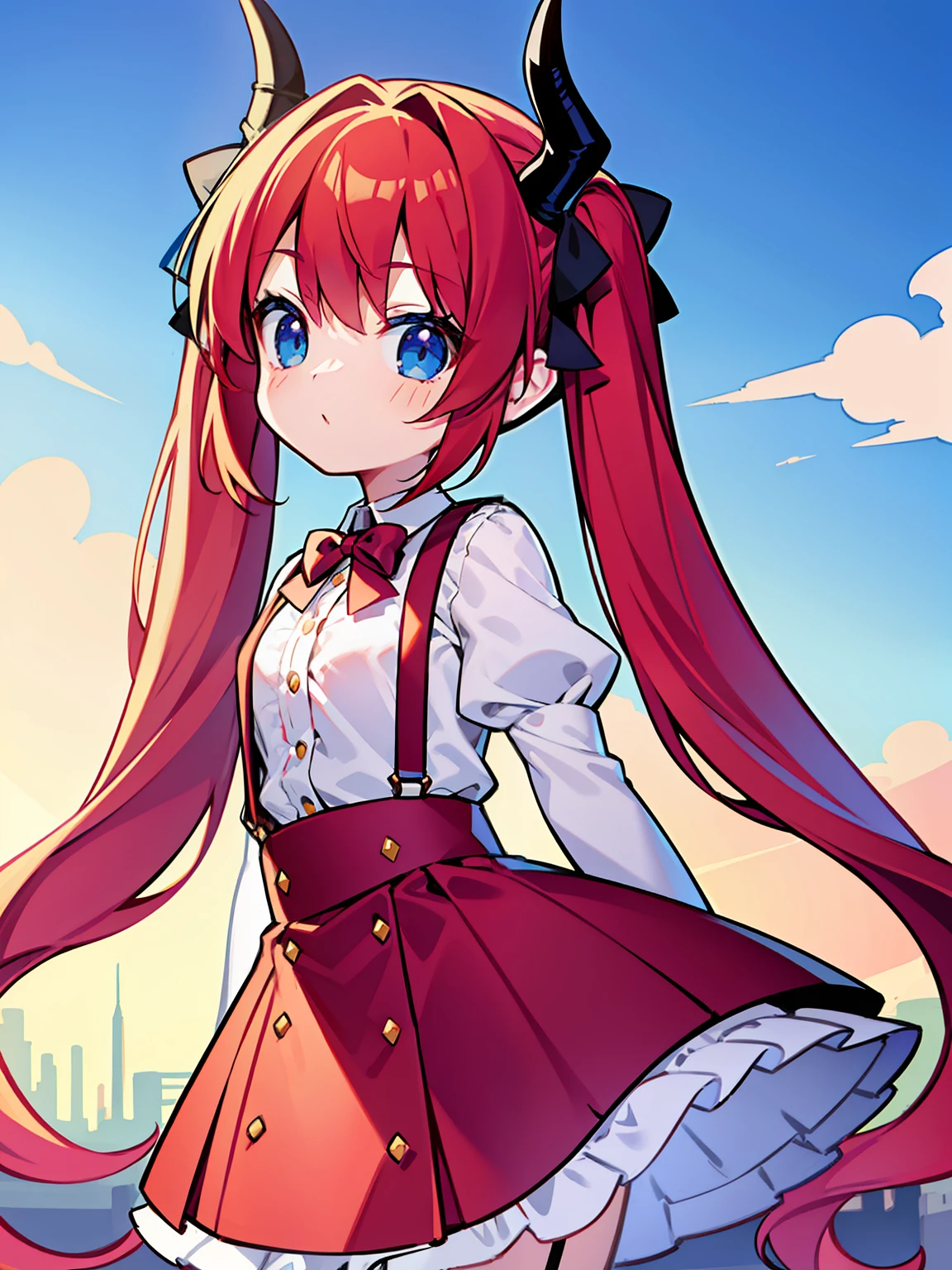 {{best quality}}, {{masterpiece}}, {{ultra-detailed}}, {illustration}, {detailed light}, red hair,blue eyes,twintails,lolita,Suspenders skirt,Fantastic,loli,solo,Dragon horns, girl,long hair