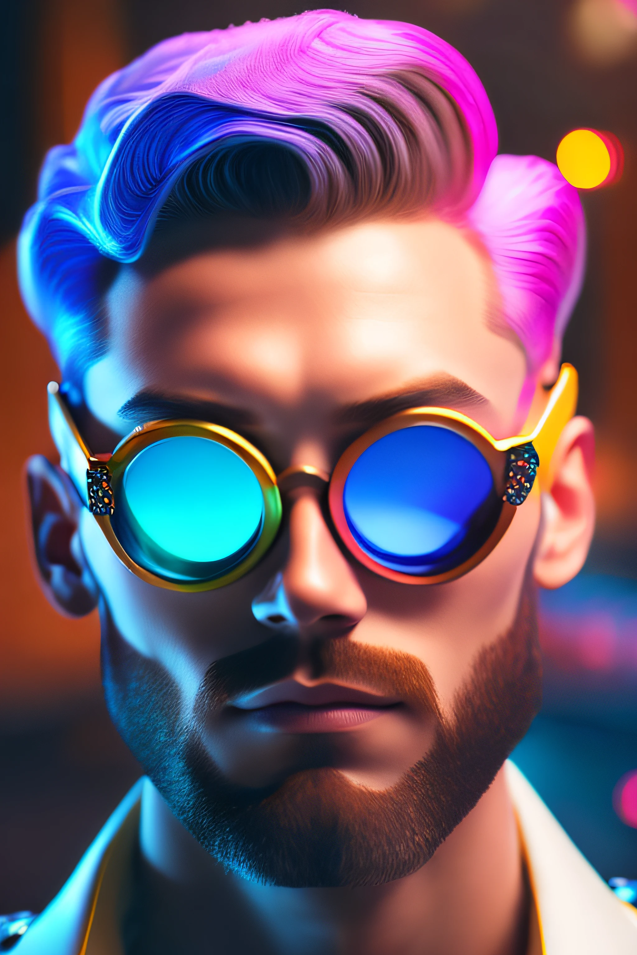 (portrait fashionista man middle ages 1950s with intricate colorful trendy glossy polarised goggle), flufly clorful hair, smily expression, (Extremely Detailed digital photography:1.2), standing in middle of city, (((full body))), raw picture, analogue, Hasselblad, 50asa, f8, 12mm, glow effects, godrays, Hand drawn, render, 8k, octane render, cinema 4d, blender, dark, atmospheric 4k ultra detailed, cinematic sensual, Sharp focus, humorous illustration, big depth of field, Masterpiece, colors, 3d octane render, 4k, concept art, trending on artstation, hyperrealistic, Vivid colors, rim light, extremely detailed CG unity 8k wallpaper, trending on ArtStation, trending on CGSociety, Pop Art style by Yayoi Kusama, Intricate, High Detail, dramatic
,pure energy, light particules, sci-fi