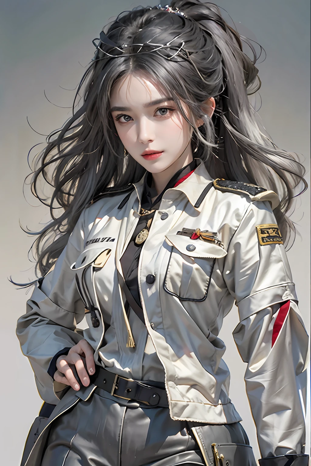 photorealistic, high resolution, 1women, solo, hips up, look at viewer, (detailed face), white hair, long hair, military uniform, jewelry