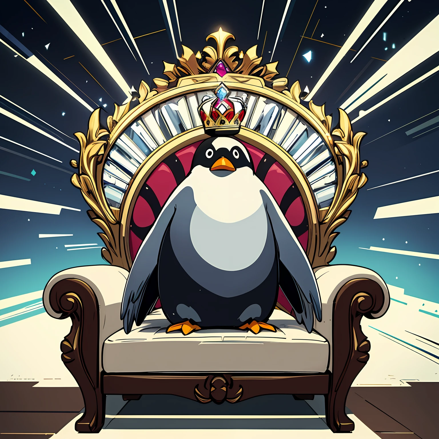 masterpiece, best quality, detailed background, 8k, penguin gorgeous penguin, [:sitting:10] on chair, jewelry, neckless, choker, [:crown:5], animal, palace, crystal light, glitch