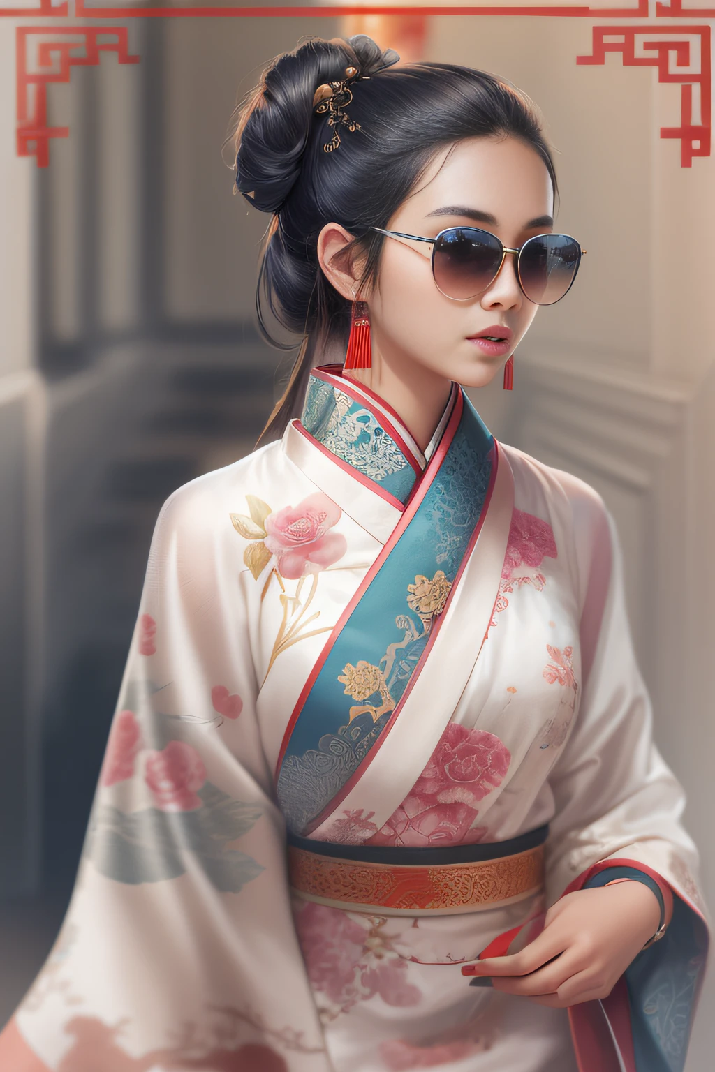 (China - chic Chinese cute girl,anatomy correct,Wear stylish sunglasses,Silk scarf,Oriental elements),(China - Fashion illustration:1.5,Vector painting:1.5),(Chinese colors,senior color matching,gradient backgrounds,white backgrounid),(The is very detailed,reasonable design,Clear lines,High- sharpness,best qualtiy,tmasterpiece,offcial art,movie light effect,4K)
