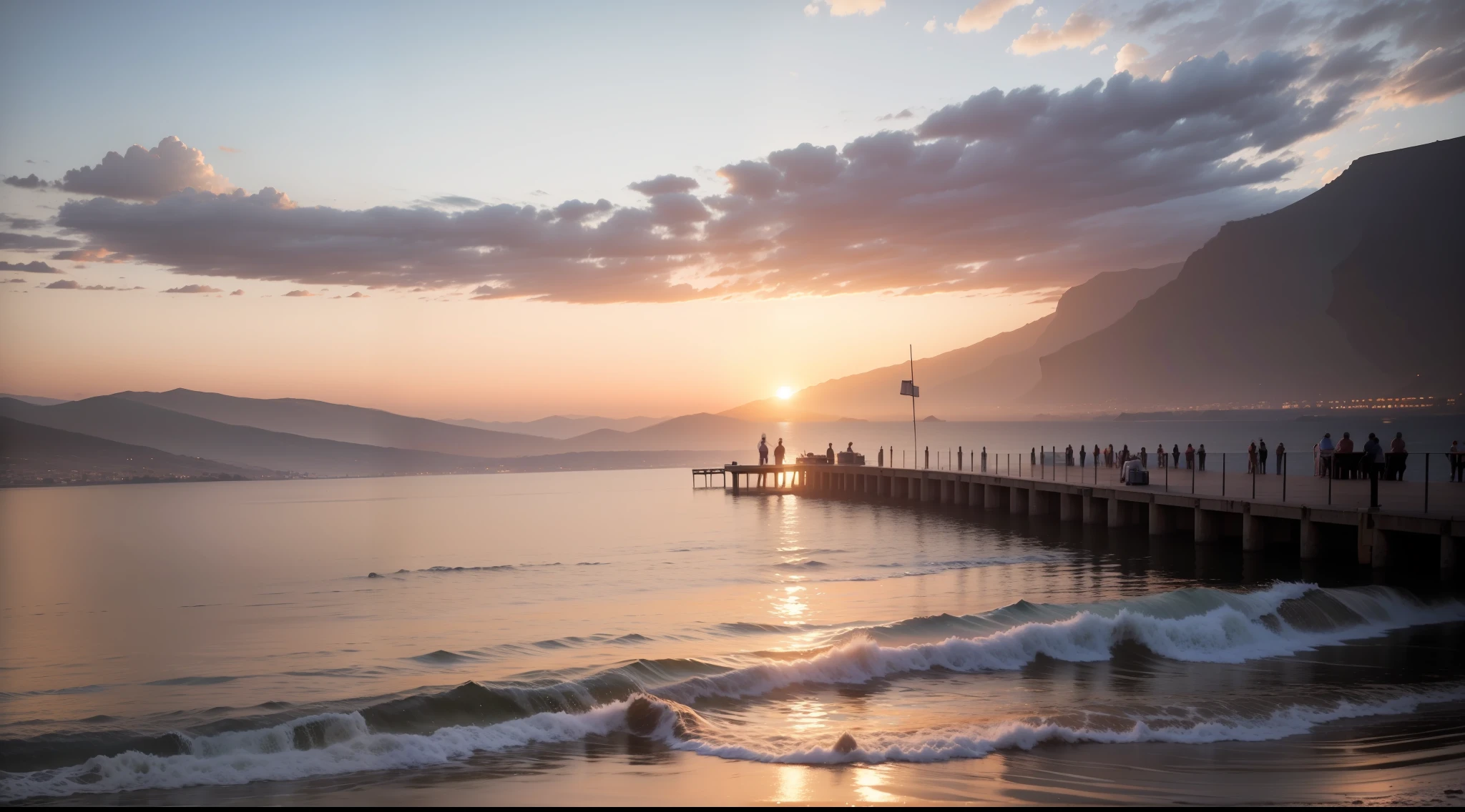 A serene sunrise over the Sea of Galilee, setting the stage for the miraculous catch.