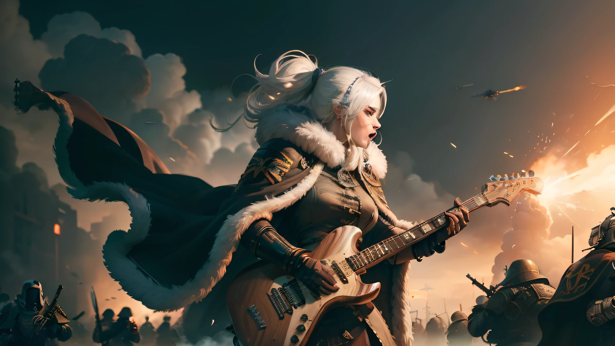(hyperrealistic), (illustration), (high resolution), (8K), (extremely detailed), (best illustration), (battlefield), (best quality), (super detailed), (masterpiece), (wallpaper), (detailed face), 1 girl, white hair, ((warhammer 40k)), dystopian scene, (lord castellan Ursula Creed), military uniform, (looking down), (fur coat), cadian shock troops, electric guitar, (grimdark), shredding, battle standard, (smoke in background), Cadia, ((holding electric guitar)), soldiers in background, combat in the background, ((flowing cape)), explosions, (battle), (wide stance), mouth open, gunfire, foot on corpse