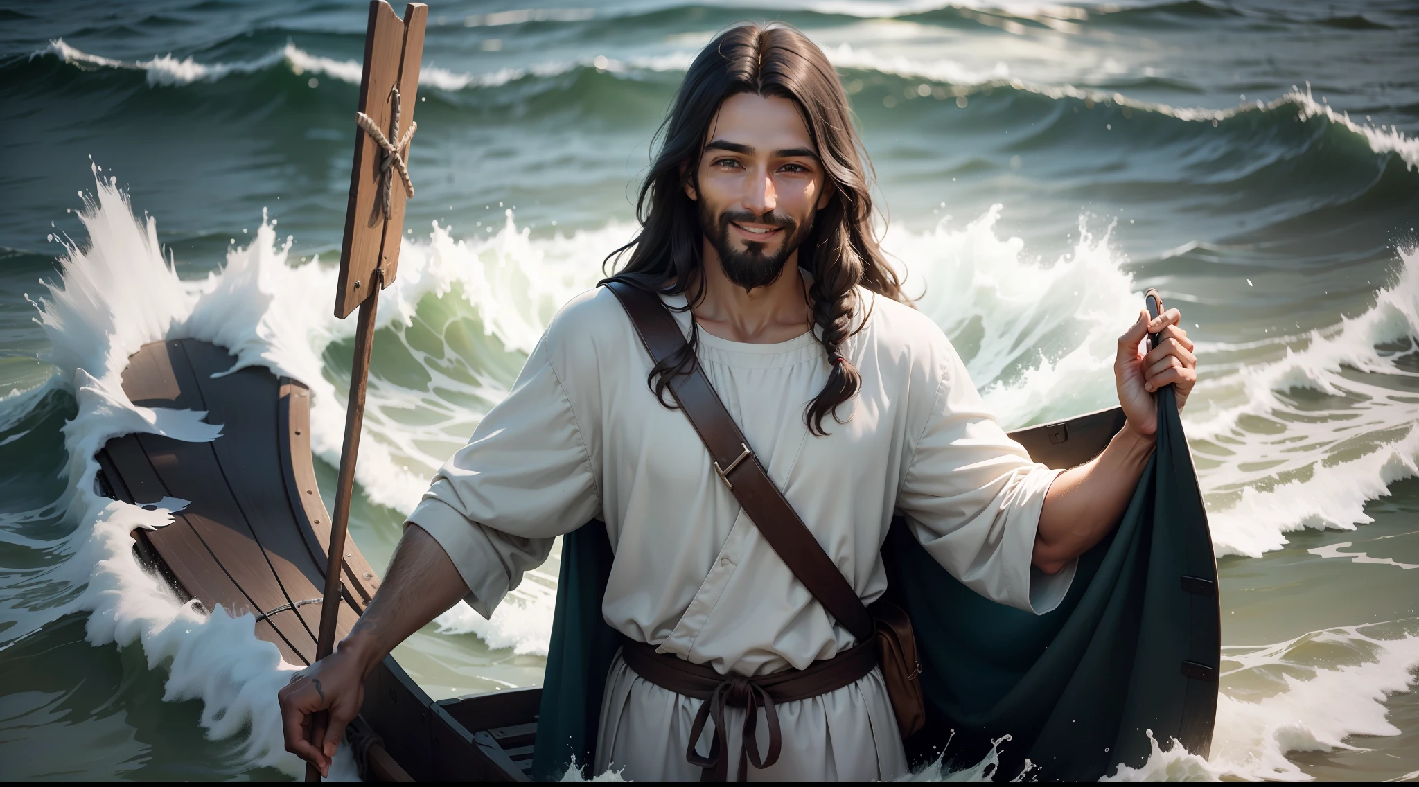 Jesus, with a compassionate smile, approaching the fishermen to offer his guidance.