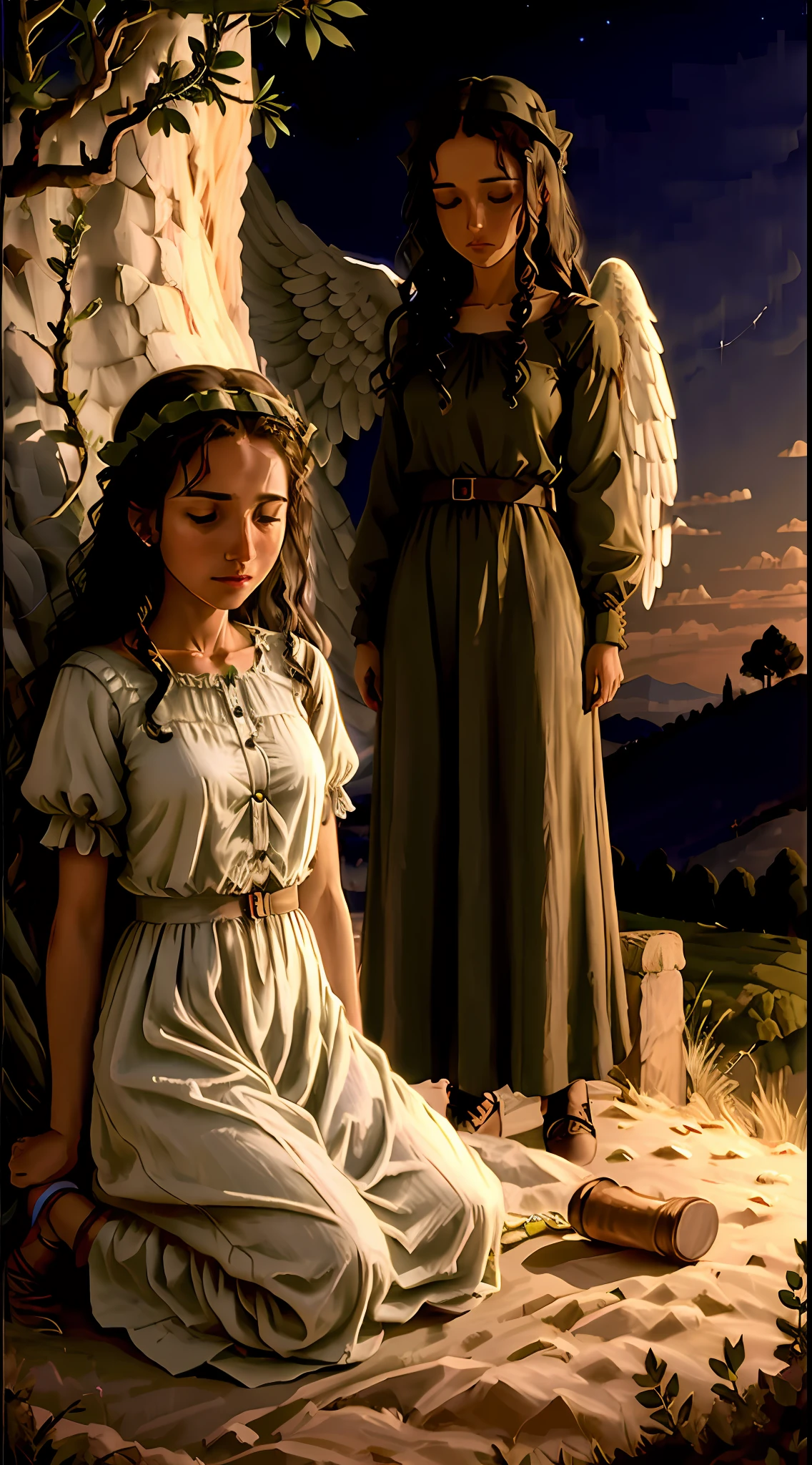 On a hill at night amid olive trees A kneeling Brazilian woman wearing an old cotton dress praying in front of an angel hovering in the air.