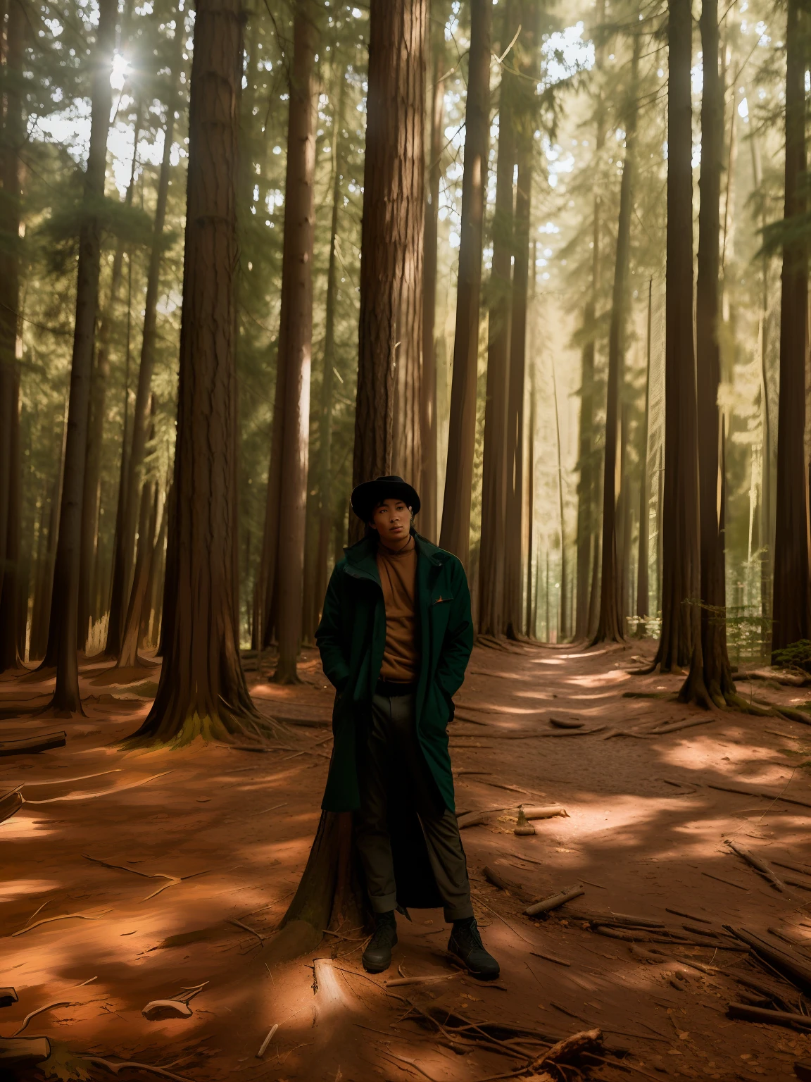 there is a man standing in the woods with a hat on, standing in the forrest, in front of an amazing forest, in front of a forest background, standing in the forest, stood in a forest, standing on a forest, standing in a forest, in forest, with matsu pine trees, in the middle of a forest, standing in a dark forest, anime
