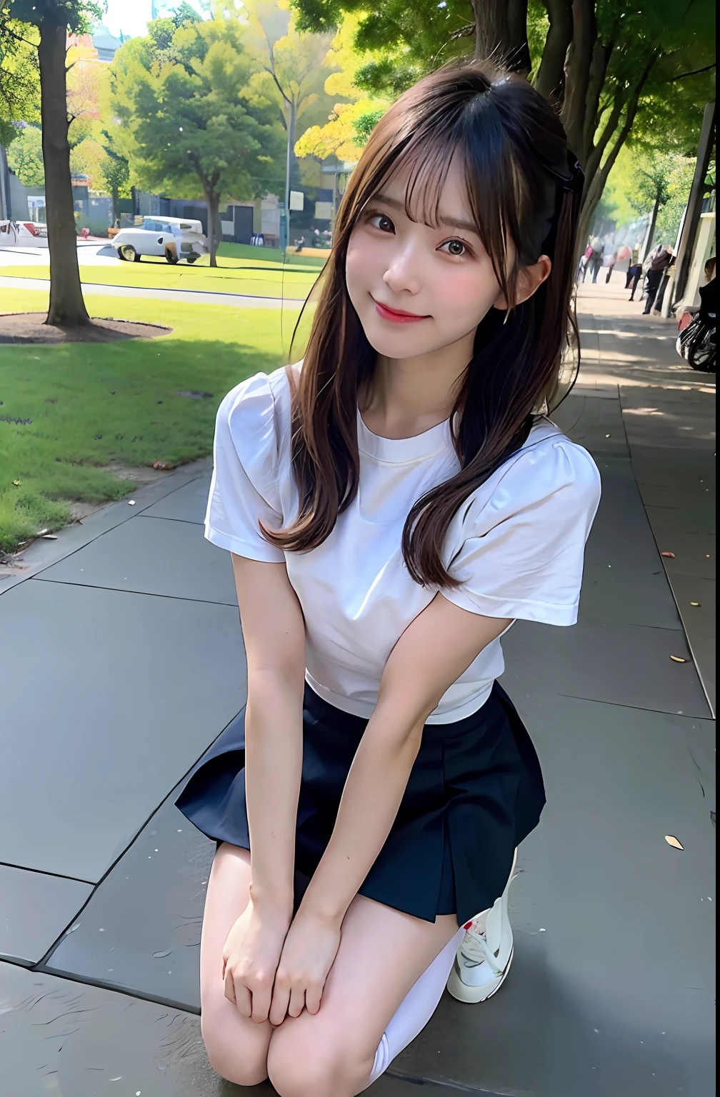 Move the center of gravity back、Put your hands forward from your feet、Put your feet in a ring of hands、pretty embarrassing、pink bra、Pink panty、Thin leg、tight skirts、90 degree knees、heels on the ground、hands in front of feet、hug your feet、Knelt、Raw photography、8K、top-quality、 超A high resolution、Beautiful face in every detail、Realistic human skin、Gentle expression、front-facing view、angle from bellow、length hair、realisitic、Photorealsitic、cute little、Crouch deep in the park's square、Cute College Girl、Surreal College Girl、full body Esbian。Pink underwear showing through white shirt。Check skirt。Because I'm squatting、Pants are visible through the gap between the legs。Navy blue high socks。Summer parks。Early morning park。A park rich in nature。Smiles are overflowing。plump bust。