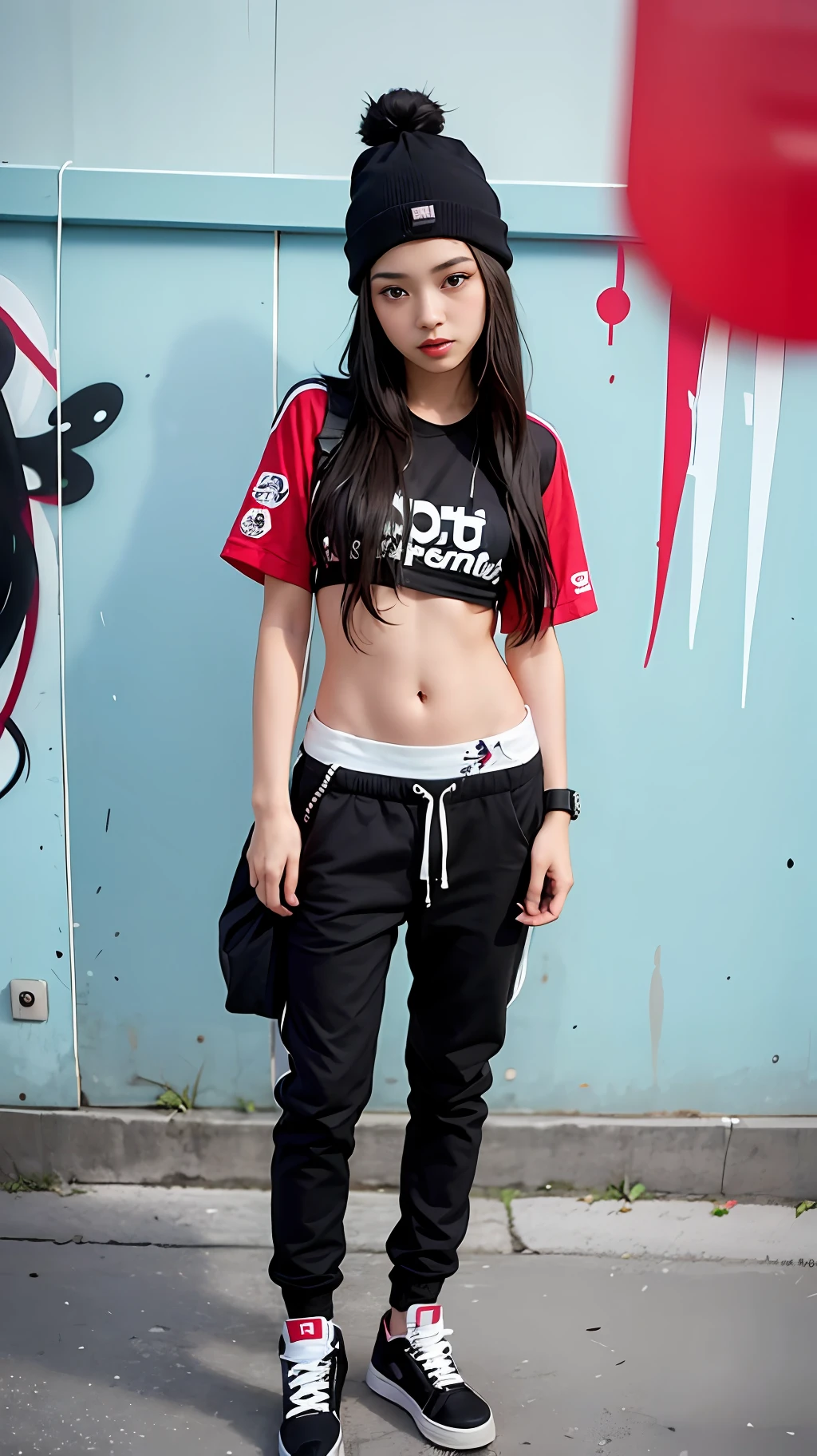 hiphop girl by supreme, ,  attractive, stylish, designer, black, graffiti, street art,  cowboy shot,