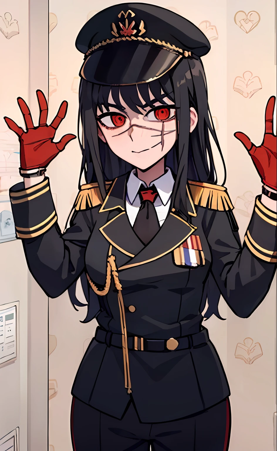 (masterpiece, best quality: 1.2), Solo, 1girl, Yoru \(Chainsaw Man\), looking at the viewer, different poses, red eye, long hair, completely black hair, reference to clothing of a German WWII general, black long sleeves (best quality), scar on face, beautiful eyes, has only 2 arms, has war medals on his clothes, Black Military Cap, Golden Eagle Medal on Clothing, (Wallpaper), (8K HD), (8K HD), Golden Shoulder Pads, Sprites, 1 Single Design (masterpiece, best quality: 1.2), Solo, 1girl, Yoru \(Chainsaw Man\), looking at the viewer, smile, happy, different poses, red eye, long hair, completely black hair, reference to clothing of a German WWII general, black long sleeves (best quality), scar on face, beautiful eyes, has only 2 arms, has war medals on his clothes, black military cap, golden eagle medal on clothing, (wallpaper), (8K HD), (8K HD), (8K HD), golden shoulder pads, sprites, 1 single design