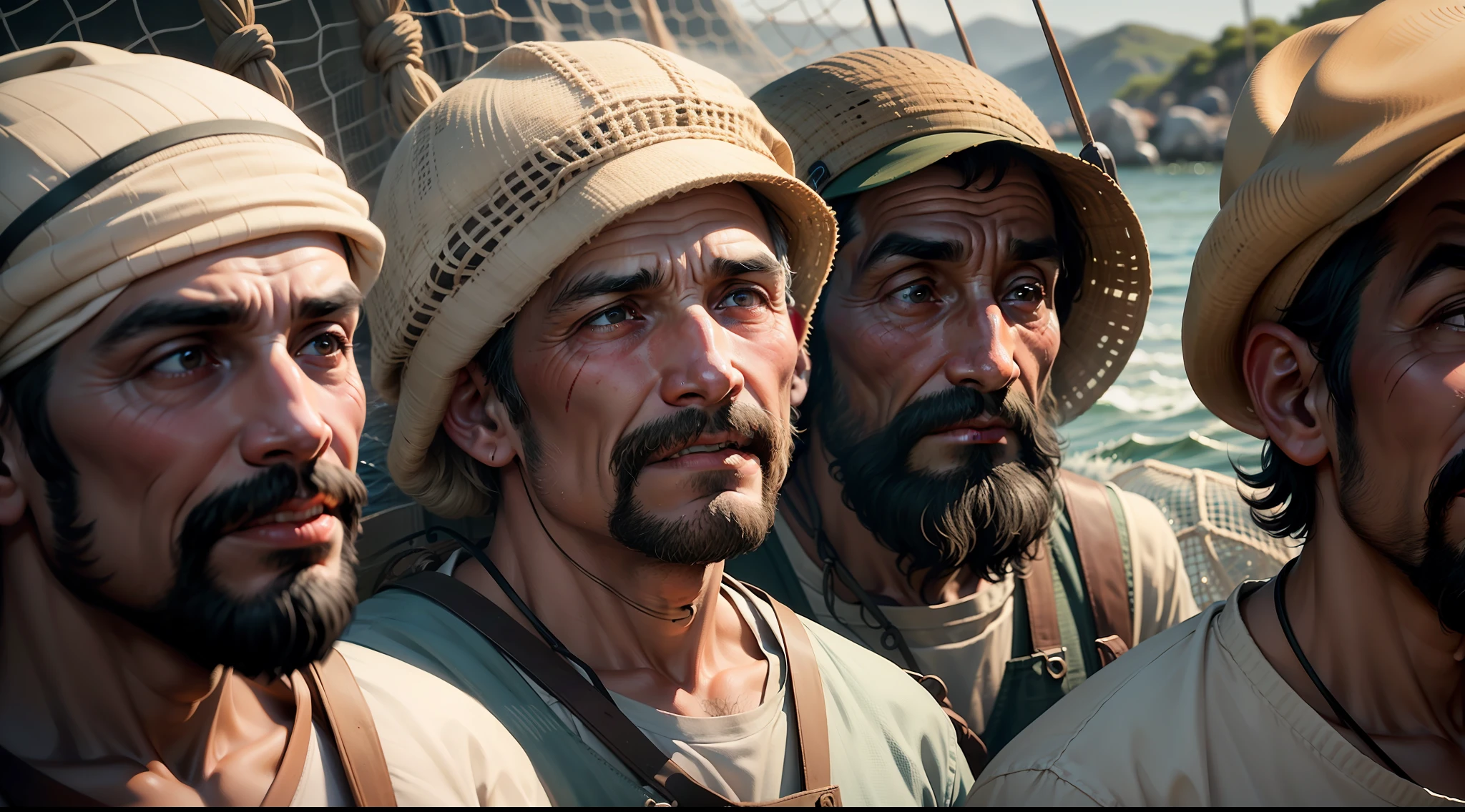 Close-up of the fishermen's expressions changing from skepticism to amazement as the nets overflow.