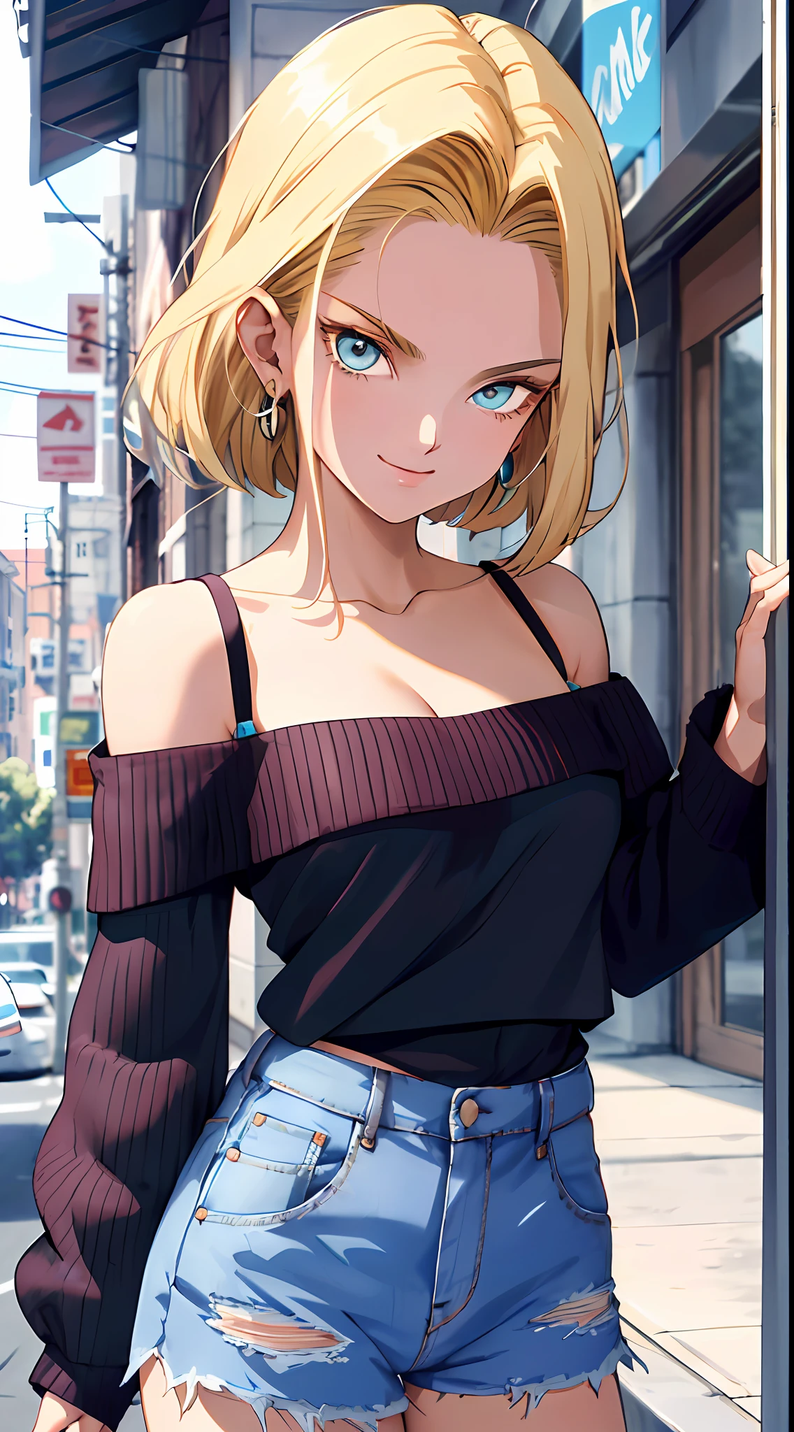 tmasterpiece， Best quality at best， ultra - detailed， absurderes， Portrait beautiful Android18DB， 独奏， 耳Nipple Ring， (比基尼:1.5)，underdressing，jewely， (Off-the-shoulder attire:1.5)，cleavage， upperbody closeup，ssmile， thongs， vests， ​​clouds， Skysky， daysies， exteriors，Denim super shorts，best qualtiy， tmasterpiece， intricately details， Tone-mapping， Sharp focus， ultra - detailed， Artstati is the trend，