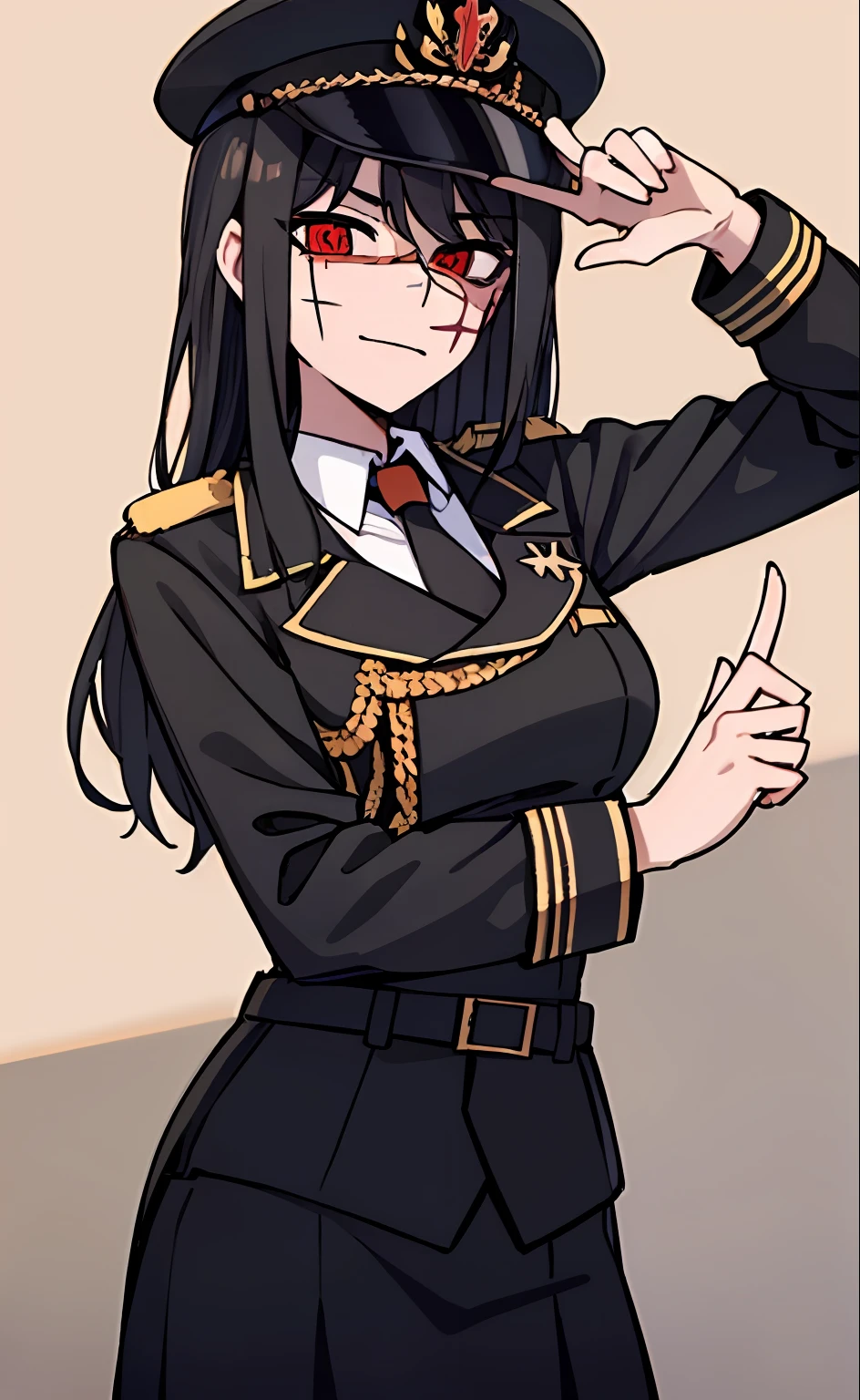 (masterpiece, best quality: 1.2), Solo, 1girl, Yoru \(Chainsaw Man\), looking at the viewer, different poses, red eye, long hair, completely black hair, reference to clothing of a German WWII general, black long sleeves (best quality), scar on face, beautiful eyes, has only 2 arms, has war medals on his clothes, Black Military Cap, Golden Eagle Medal on Clothing, (Wallpaper), (8K HD), (8K HD), Golden Shoulder Pads, Sprites, 1 Single Design (masterpiece, best quality: 1.2), Solo, 1girl, Yoru \(Chainsaw Man\), looking at the viewer, smile, happy, different poses, red eye, long hair, completely black hair, reference to clothing of a German WWII general, black long sleeves (best quality), scar on face, beautiful eyes, has only 2 arms, has war medals on his clothes, black military cap, golden eagle medal on clothing, (wallpaper), (8K HD), (8K HD), (8K HD), golden shoulder pads, sprites, 1 single design