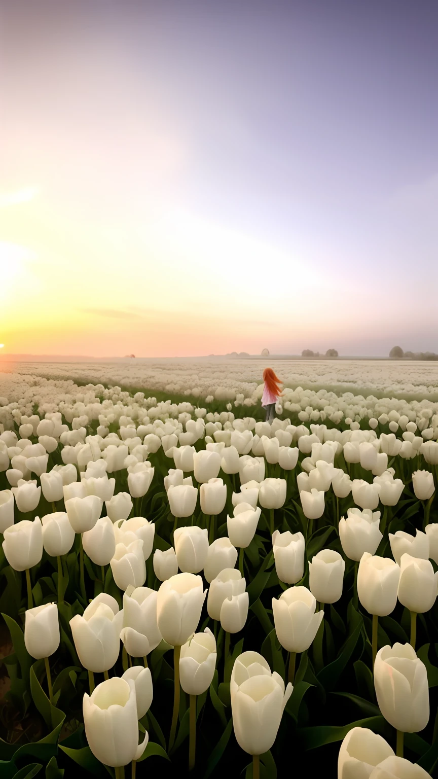 In the distance there is a patch of white tulips and lonely red balloons, flower  field, standing in flower field, flower  field, standing in flower field, Netherlands, in a field of flowers, flower  field, girl floating in a flower field, with flower fields as foreground, an aesthetic field of flowers, the most beautiful landscape, flower  field