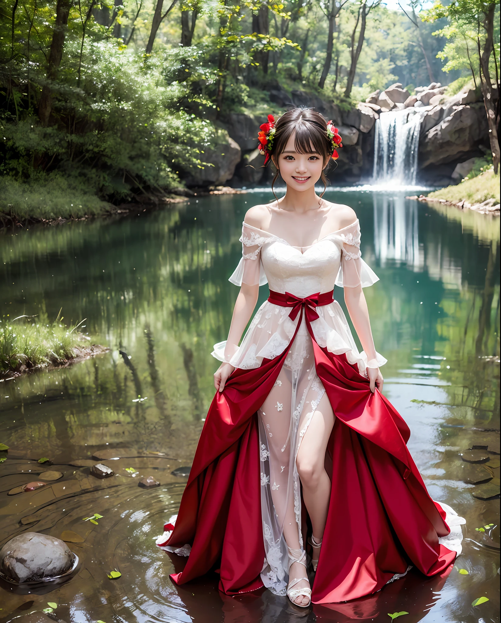 Five Treasures Falls, Flash Softbox is reflected ((1 person))))),((Photorealistic)))))), ((AKB 48)), (((Full body photo)), (Lens flare),((Backlight)), ((In the forest))((Dark mountain lake)),(((Rock in the background)),((Rock in the background)),Corolla,(Smiling)),((NIKON Z))),(((19 years old)))) ),((((Small bust))))), ((((Bright red wedding dress))),(Skin feel)),(Photorealism:6, Real)))),Perfect lower body shape,Ribbon,Hair ornament,pale skin,Watching viewer,Small waist
