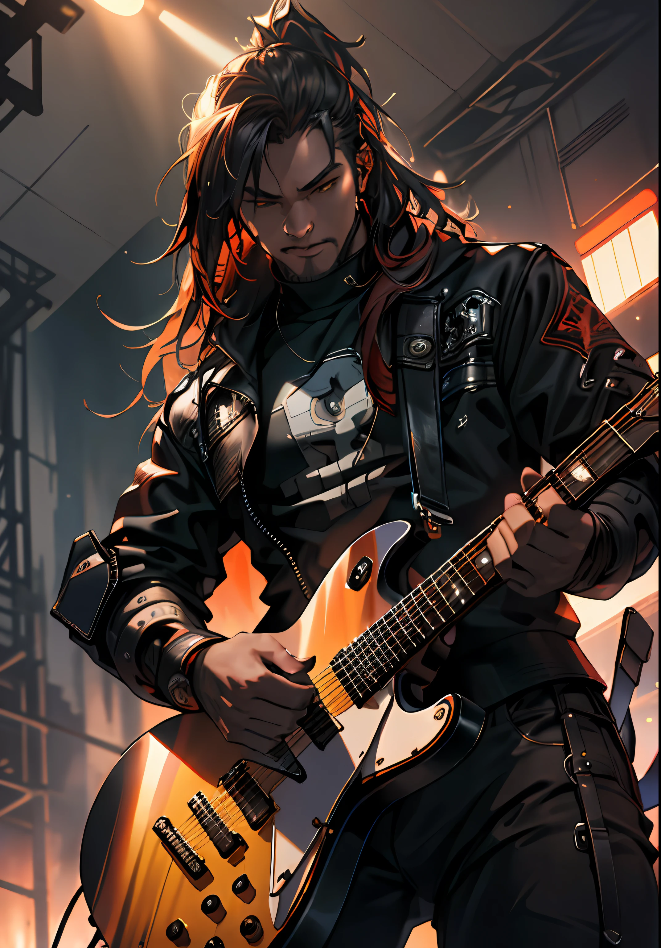 ultra detail, high resolution, ultra detailed, best quality, amazing, top quality, extremely detailed CG unity 8k wallpaper, cinematic lighting, heavy metal fanboy, cyberpunk, dark boy, long hair, playing guitar, flame effect, wearing devil mask, on the stage concert,