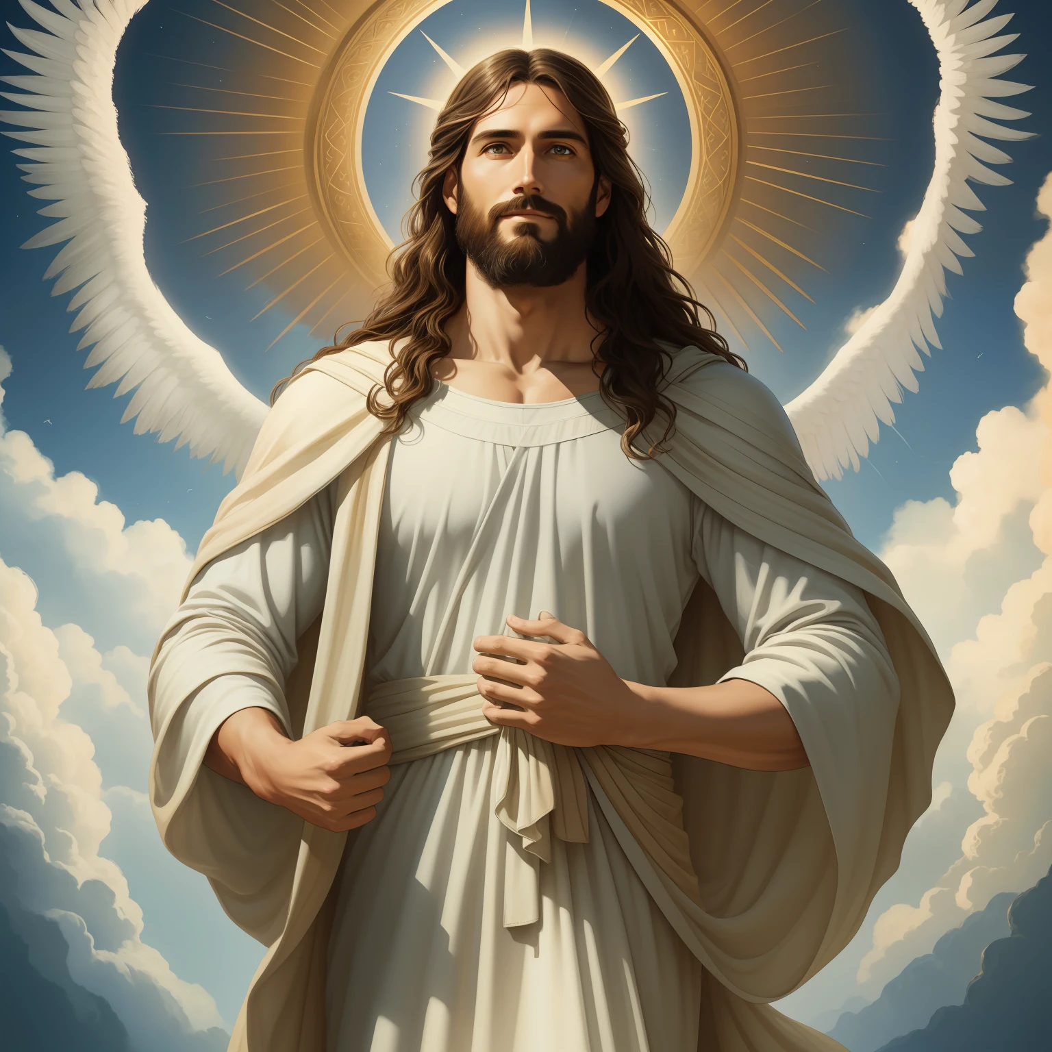 A handsome god Jesus christ ( jesus) blessing to the sky  35 years old with a long brown hair and long beard, heaven blessings light with a cross background)  happy face, realistic 8k,A beautiful ultra-thin realistic portrait of Jesus, the prophet, a man 35 years old Hebrew brunette, short brown hair, real perfect eyes, long brown beard, with, Helping People , wearing long linen tunic closed on the chest part, in front view, full body, biblical, realistic,by Diego Velázquez,Peter Paul Rubens,Rembrandt,Alex Ross,8k, Concept Art, PhotoRealistic, Realistic,  Illustration, Oil Painting, Surrealism, HyperRealistic, helping people , Digital art, style, watercolorReal Jesus flying on sky with a flying cloud in the background, Jesus walking on water, biblical illustration, epic biblical representation, forcing him to flee, coming out of the ocean, ! holding in hand!, disembarking, god of the ocean, beautiful representation, 8k 3D Model, realistic,
a 3D Realistic of jesus with a halo in the sky, jesus christ, smiling in heaven, portrait of jesus christ, jesus face, 35 young almighty god, portrait of a heavenly god, greg olsen, gigachad jesus, jesus of nazareth, jesus, the face of god, god looking at me, he is greeting you warmly, he is happy, avatar image