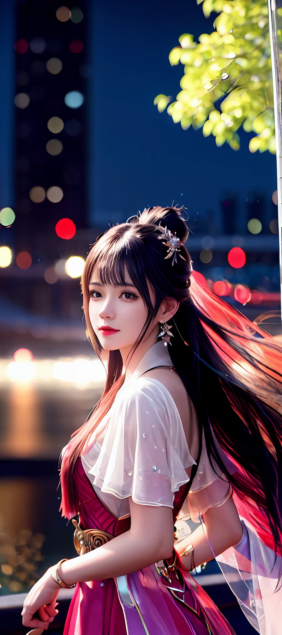realisticity: 1.2), best quality, masterpiece, highres, super detail, ultra detail, cg, 1girl, weapon, sword, long hair, dress, water, solo, jewelry, red dress, earrings, hair ornament, splashing, upper body super realistis, hair bun, blue and pink hair, city backgraun realistis, lighting,candid, Photograph, high resolution, 8k, 10k, Bokeh,