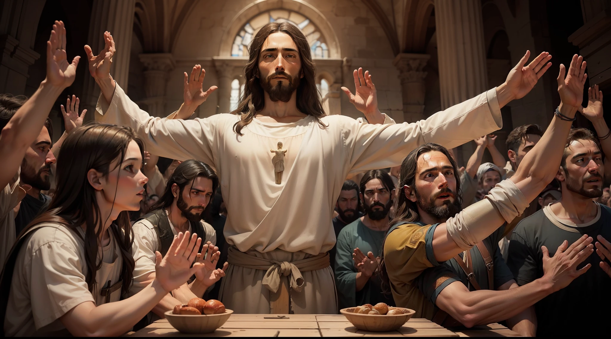 An image of Jesus and the fishermen, hands raised in celebration, surrounded by the miraculous catch.