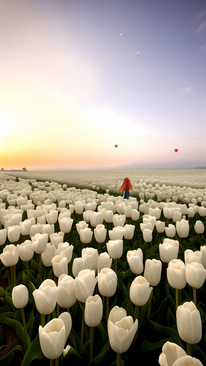 In the distance there is a patch of white tulips and lonely red balloons, flower field, standing in flower field, flower field, standing in flower field, Netherlands, in a field of flowers, flower field, girl floating in a flower field, with flower fields as foreground, an aesthetic field of flowers, the most beautiful landscape, flower field
