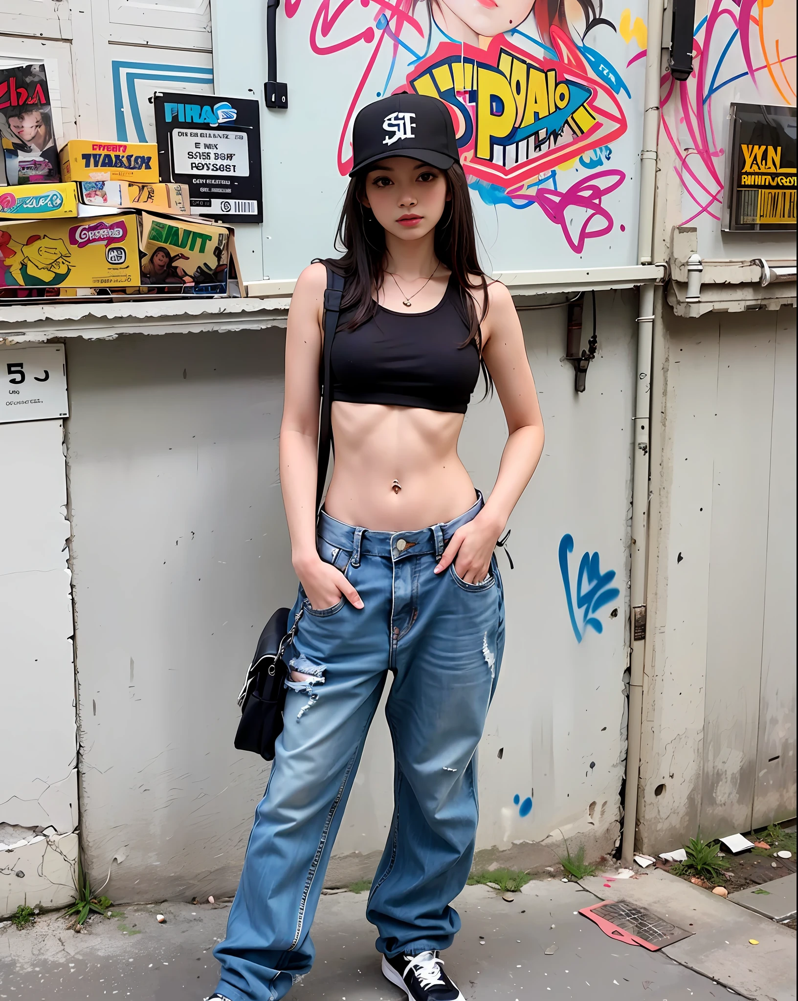 hiphop girl by supreme, 16 years old,  attractive, stylish, designer, black, graffiti, street art,  cowboy shot,