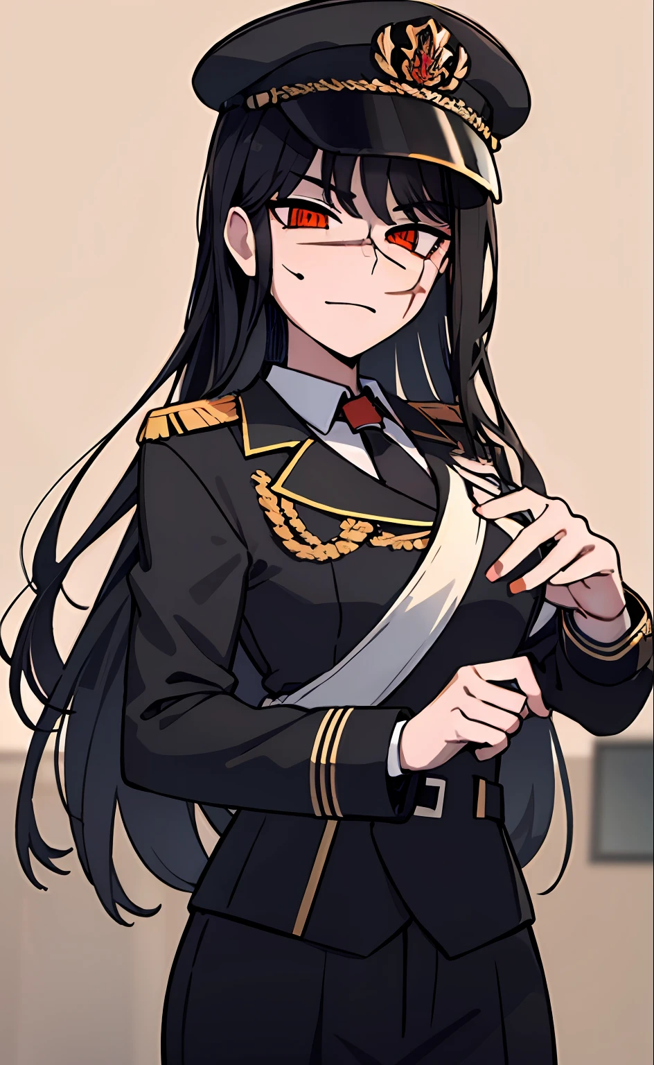 (masterpiece, best quality: 1.2), Solo, 1girl, Yoru \(Chainsaw Man\), looking at the viewer, different poses, red eye, long hair, completely black hair, reference to clothing of a German WWII general, black long sleeves (best quality), scar on face, beautiful eyes, has only 2 arms, has war medals on his clothes, Black Military Cap, Golden Eagle Medal on Clothing,  (Wallpaper), (8K HD), (8K HD), Golden Shoulder Pads, Sprites, 1 Single Design (masterpiece, best quality: 1.2), Solo, 1girl, Yoru \(Chainsaw Man\), looking at the viewer, smile, happy, different poses, red eye, long hair, completely black hair, reference to clothing of a German WWII general, black long sleeves (best quality), scar on face,  beautiful eyes, has only 2 arms, has war medals on his clothes, black military cap, golden eagle medal on clothing, (wallpaper), (8K HD), (8K HD), (8K HD), golden shoulder pads, sprites, 1 single design