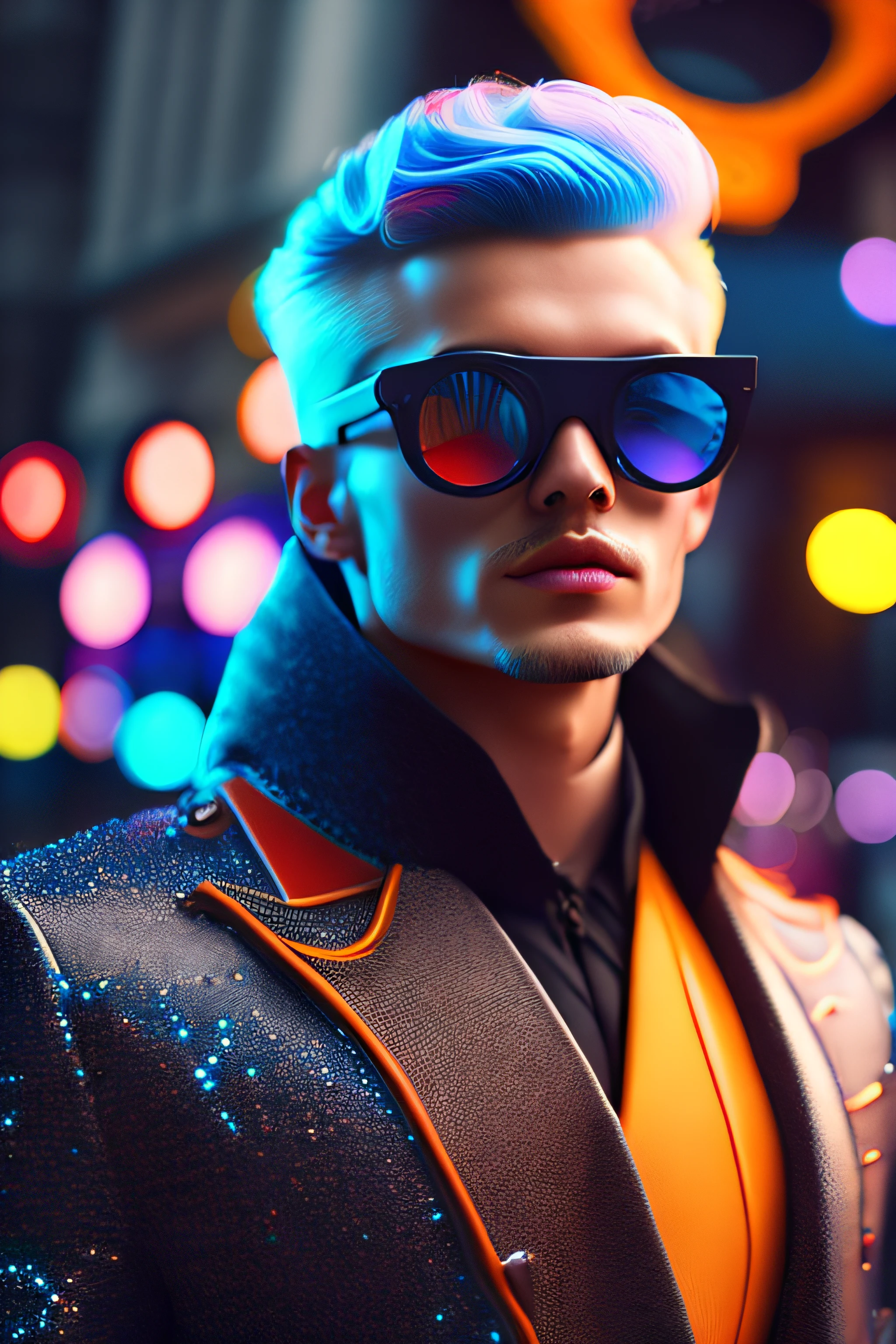 (portrait fashionista man middle ages 1950s with intricate colorful trendy glossy polarised goggle), flufly clorful hair, smily expression, (Extremely Detailed digital photography:1.2), standing in middle of city, (((full body))), raw picture, analogue, Hasselblad, 50asa, f8, 12mm, glow effects, godrays, Hand drawn, render, 8k, octane render, cinema 4d, blender, dark, atmospheric 4k ultra detailed, cinematic sensual, Sharp focus, humorous illustration, big depth of field, Masterpiece, colors, 3d octane render, 4k, concept art, trending on artstation, hyperrealistic, Vivid colors, rim light, extremely detailed CG unity 8k wallpaper, trending on ArtStation, trending on CGSociety, Pop Art style by  Yayoi Kusama, Intricate, High Detail, dramatic
,pure energy, light particules, sci-fi