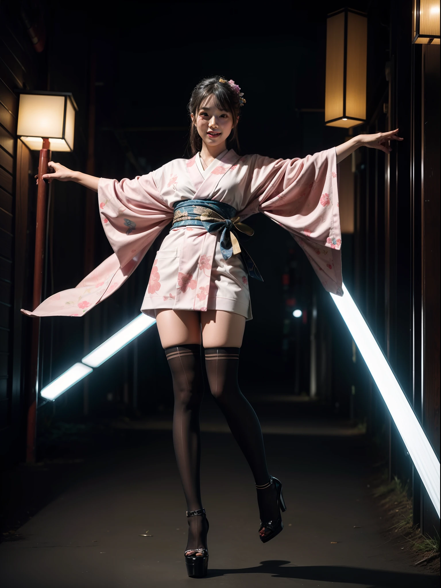 Splitting characters is prohibited,(Full body shot:1.3), Must show your face, anatomy correct, high-heels,Over-the-knee socks are mandatory, Colorful Japan kimono, A shallow laugh, Complex and diverse backgrounds,Strangling effect,hyper HD, Ray traching, structurally correct, Award-Awarded, high detal, lightand shade contrast, Face lighting,cinmatic lighting, tmasterpiece, super detailing, high high quality, high detal, best qualityer, 16k