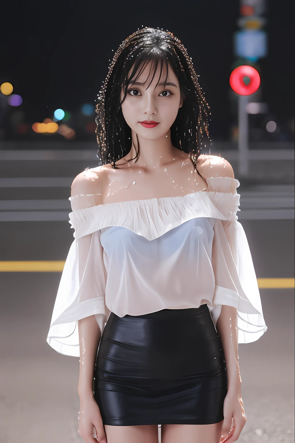 ((1 female: 1.5)), (anatomically correct proportions), (sexy proportions), ((sexy poses)), ((whole body: 2)), detailed face, detailed hair, Detailed skin, ((small face: 1.2)), thin waist, (large breasts), ((short torso)), ((1 screen)), 8K, RAW shot, highest quality, ((masterpiece)) , realistic photo, shot above the knee, (beautiful face like a Japanese actress), 18-year-old beauty, (((raining city street in the near future: 1.5))), (neon sign In a beautiful city: 1.5), ((beautiful woman standing in the rain)), ((body is soaking wet)), (((sheer off-shoulder blouse is (wet)))), ((wet (Sticking to the skin) off-shoulder blouse: 1.5)), ((body-fitting off-shoulder blouse)), ((no bra: 1.5)), (((nipple shadow: 1.5))), (( light-colored blouse)), ((tight skirt is (wet): 1.5)), (((wet hair: 1.2))), (((wet bangs: 1.8))), (sad expression)
