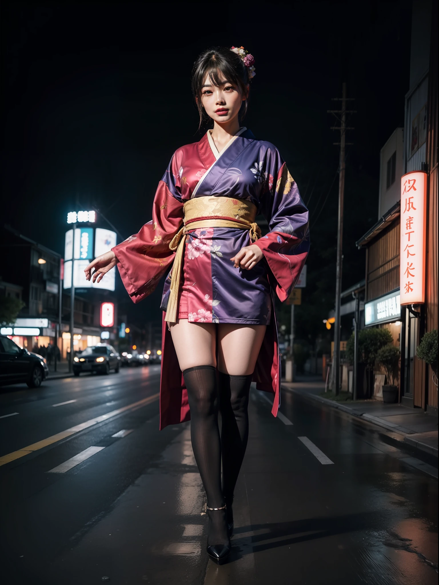 Splitting characters is prohibited，(Full body shot:1.3), Must show your face, anatomy correct, high-heels,Over-the-knee socks are mandatory, Colorful Japan kimono， A shallow laugh, Complex and diverse backgrounds，Strangling effect,hyper HD, Ray traching, structurally correct, Award-Awarded, high detal, lightand shade contrast, Face lighting，cinmatic lighting, tmasterpiece, super detailing, high high quality, high detal, best qualityer, 16k