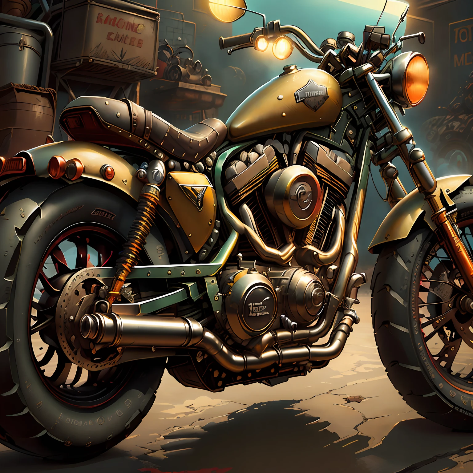 Harley-Davidson Sportster,(total view) ,Mad Max CogPunkAI ,Cores ?? k, (Amarelo neon),4D ,rota 66