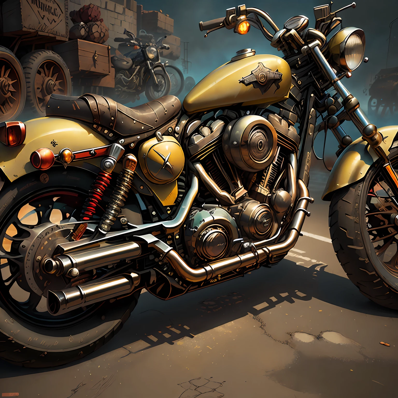 Harley-Davidson Sportster,(total view) ,Mad Max CogPunkAI ,Cores 64 k, (Amarelo neon),4D ,rota 66