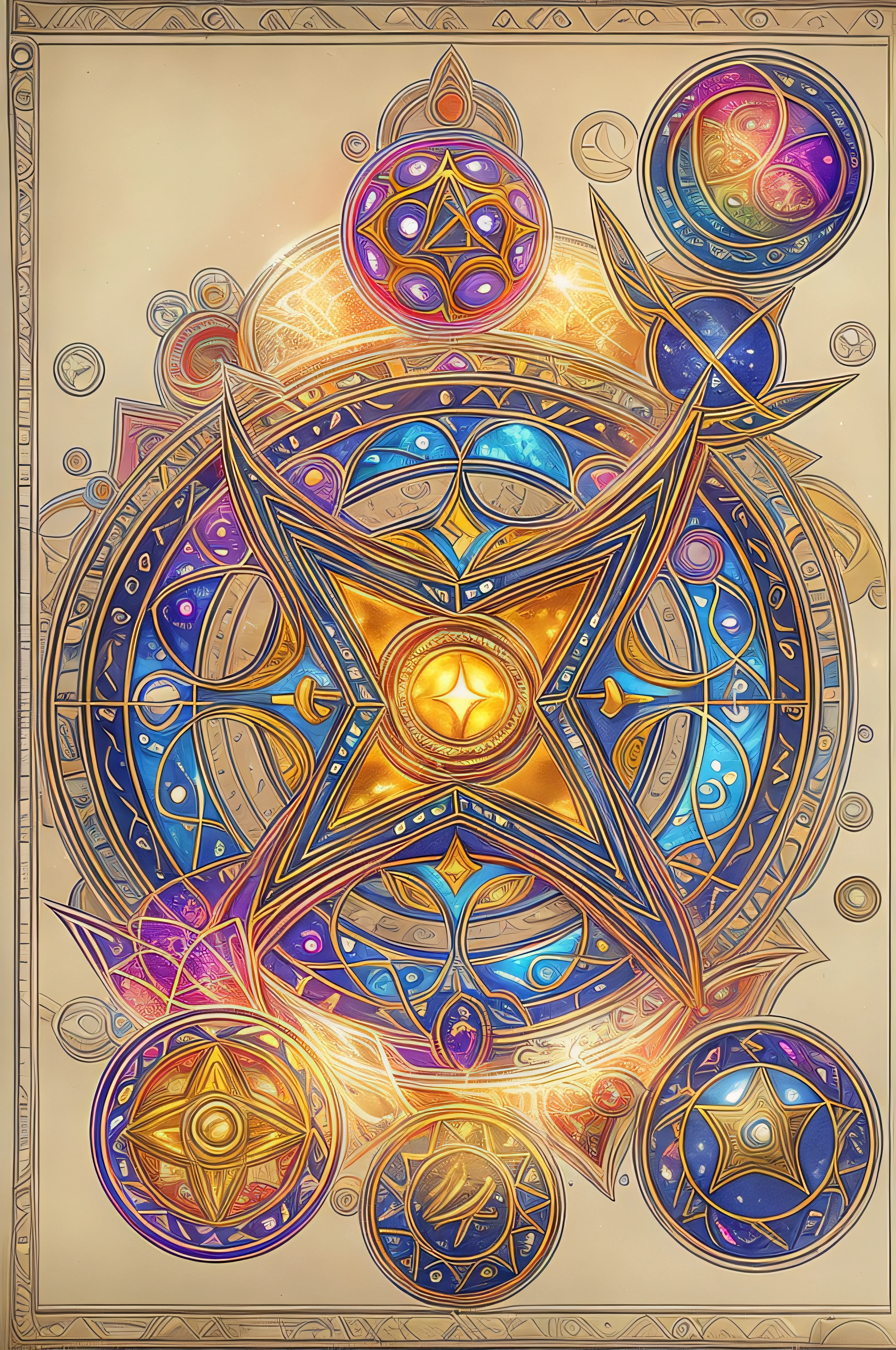 concept, Rune_Magic, Magic, magic circles, magic circles with glowing light, simetria, right proportions, circles, bonito e intricado, luzes coloridas, estrela de cinco pontas, tela 2d, classic paint, graph design