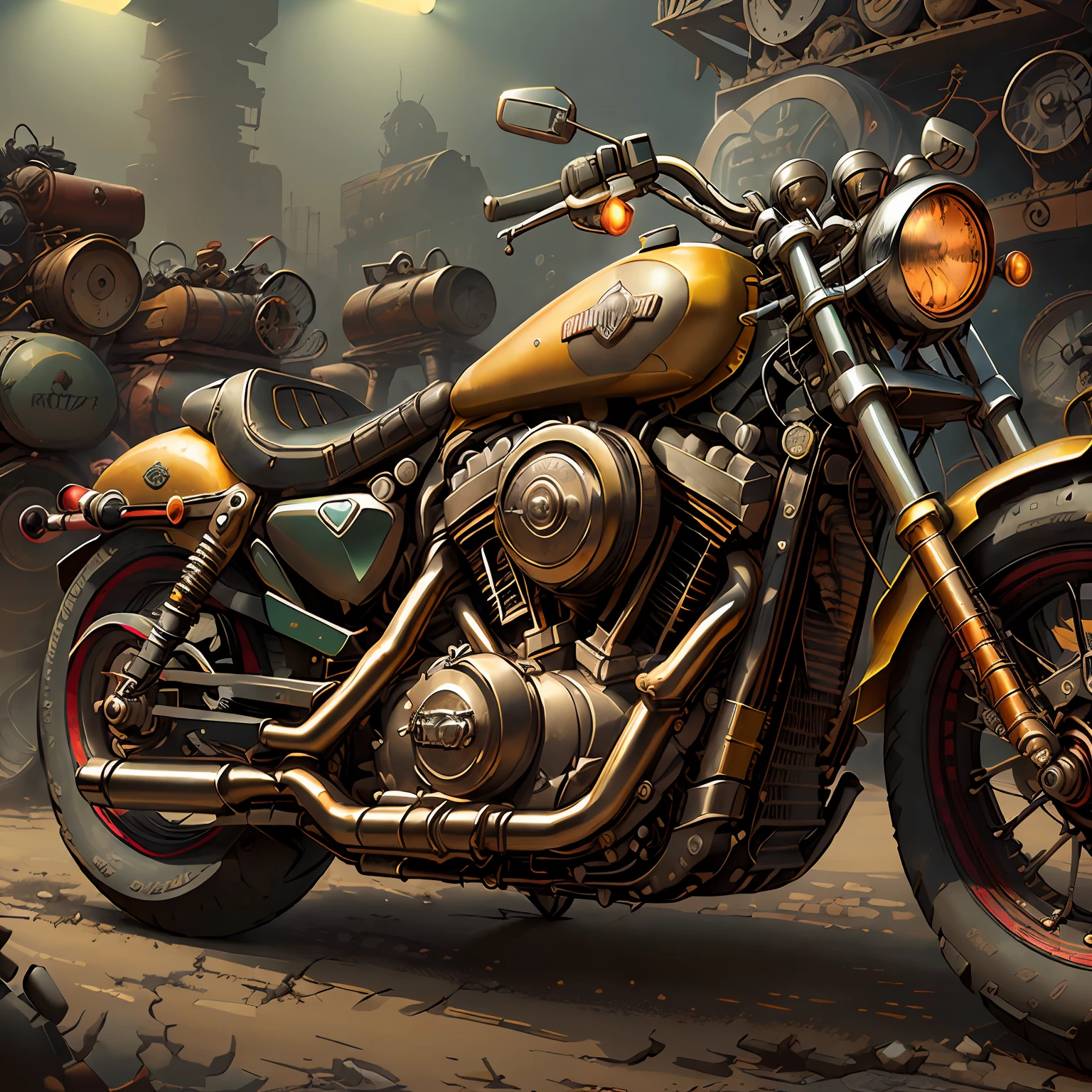 Harley-Davidson Sportster,(total view) ,Mad Max CogPunkAI ,Cores 64 k, (Amarelo neon),4D ,rota 66