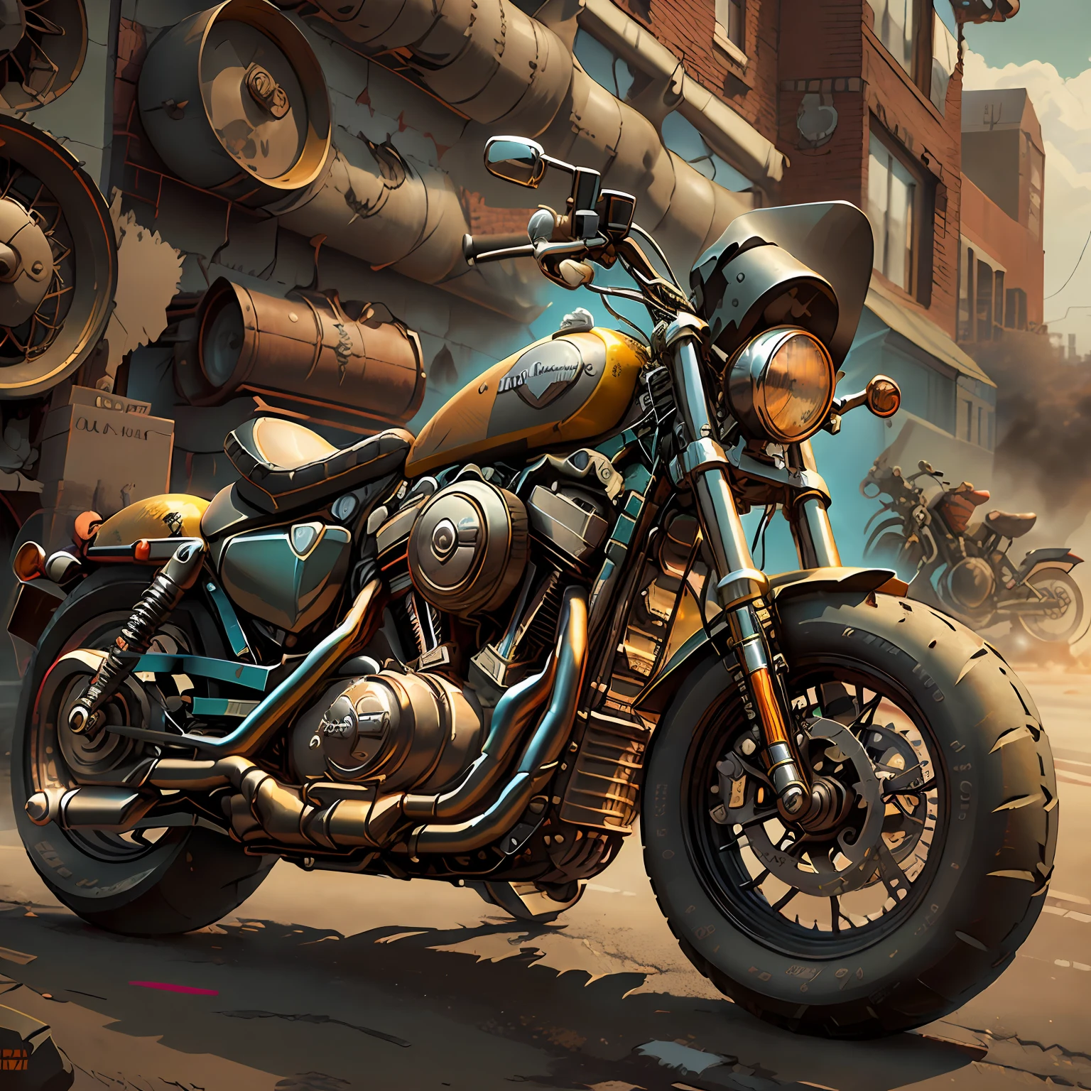 Harley-Davidson Sportster,(total view) ,Mad Max CogPunkAI ,Cores 64 k, (Amarelo neon),4D ,rota 66